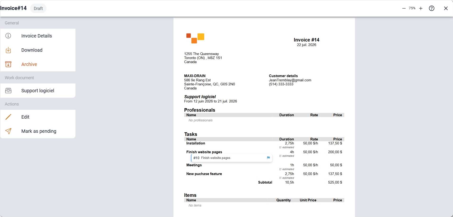 Screenshot of a Sequentia invoice generated from time, tasks, and items.