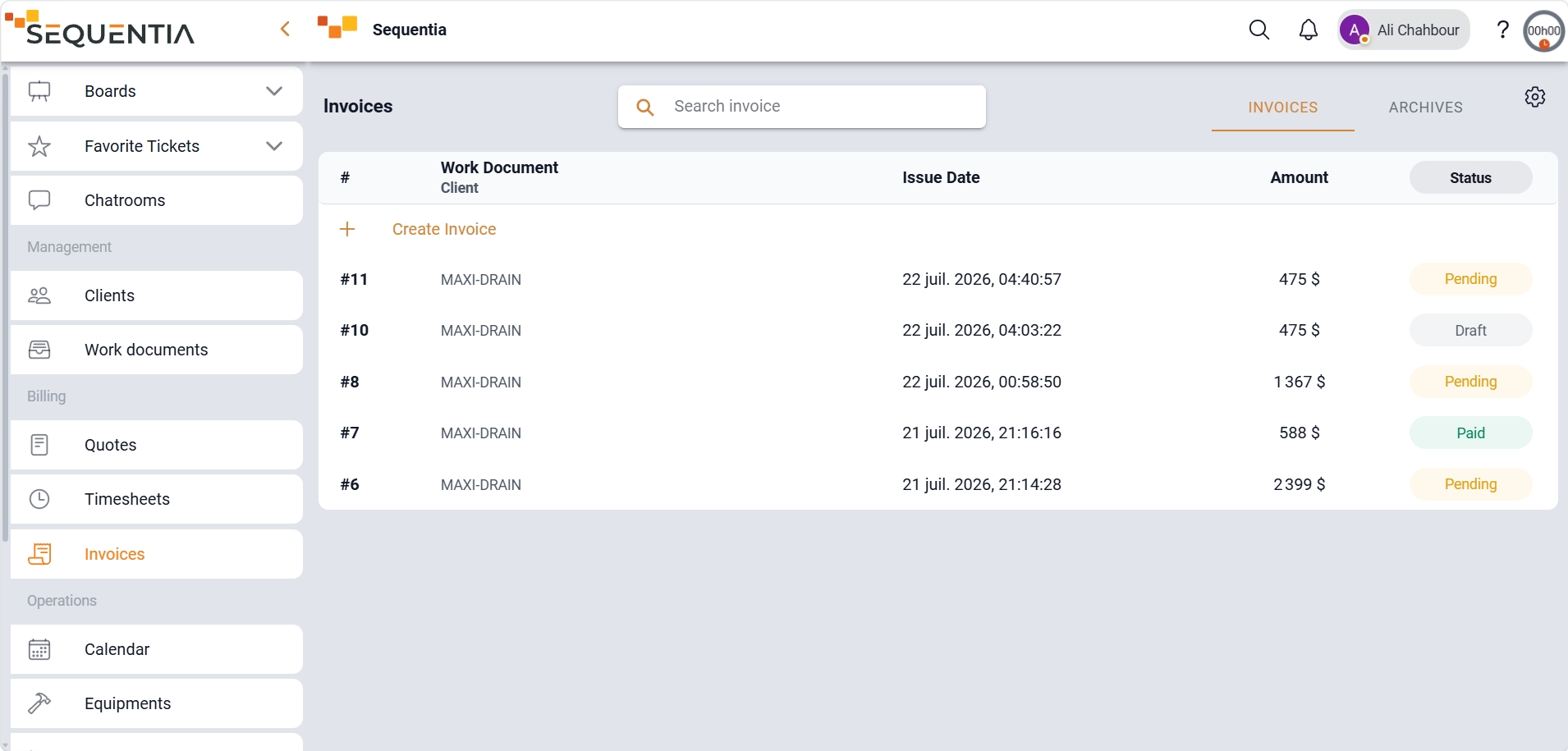 Screenshot of a Sequentia invoice sent to a client with draft, sent, paid, and overdue status tracking.
