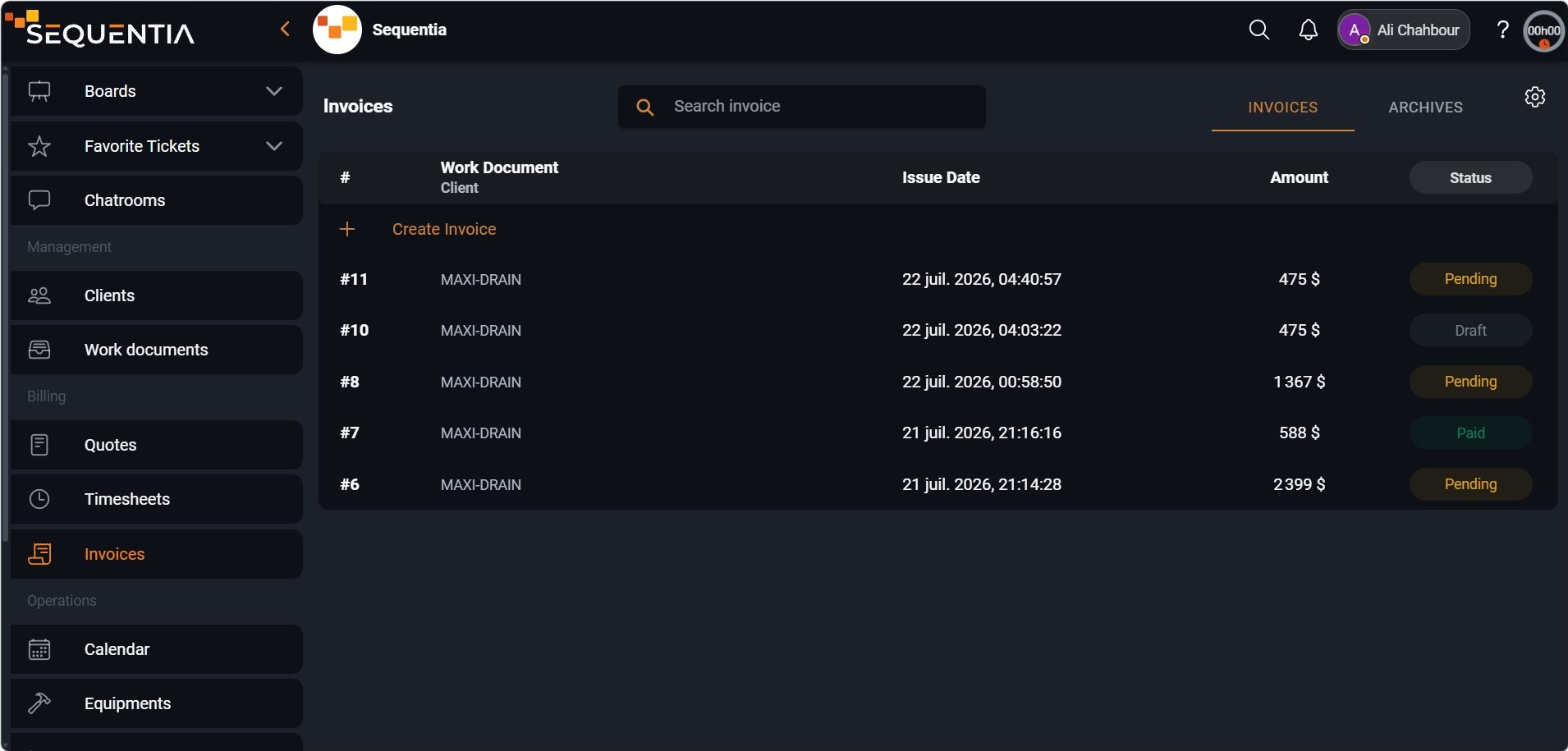 Screenshot of a Sequentia invoice sent to a client with draft, sent, paid, and overdue status tracking.