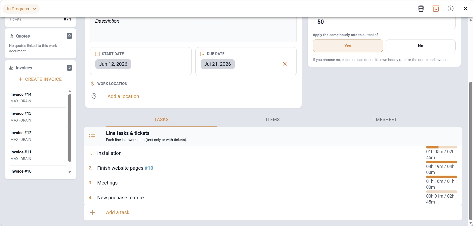 Screenshot of a Sequentia work document with recorded time, tasks, and billing-ready data.