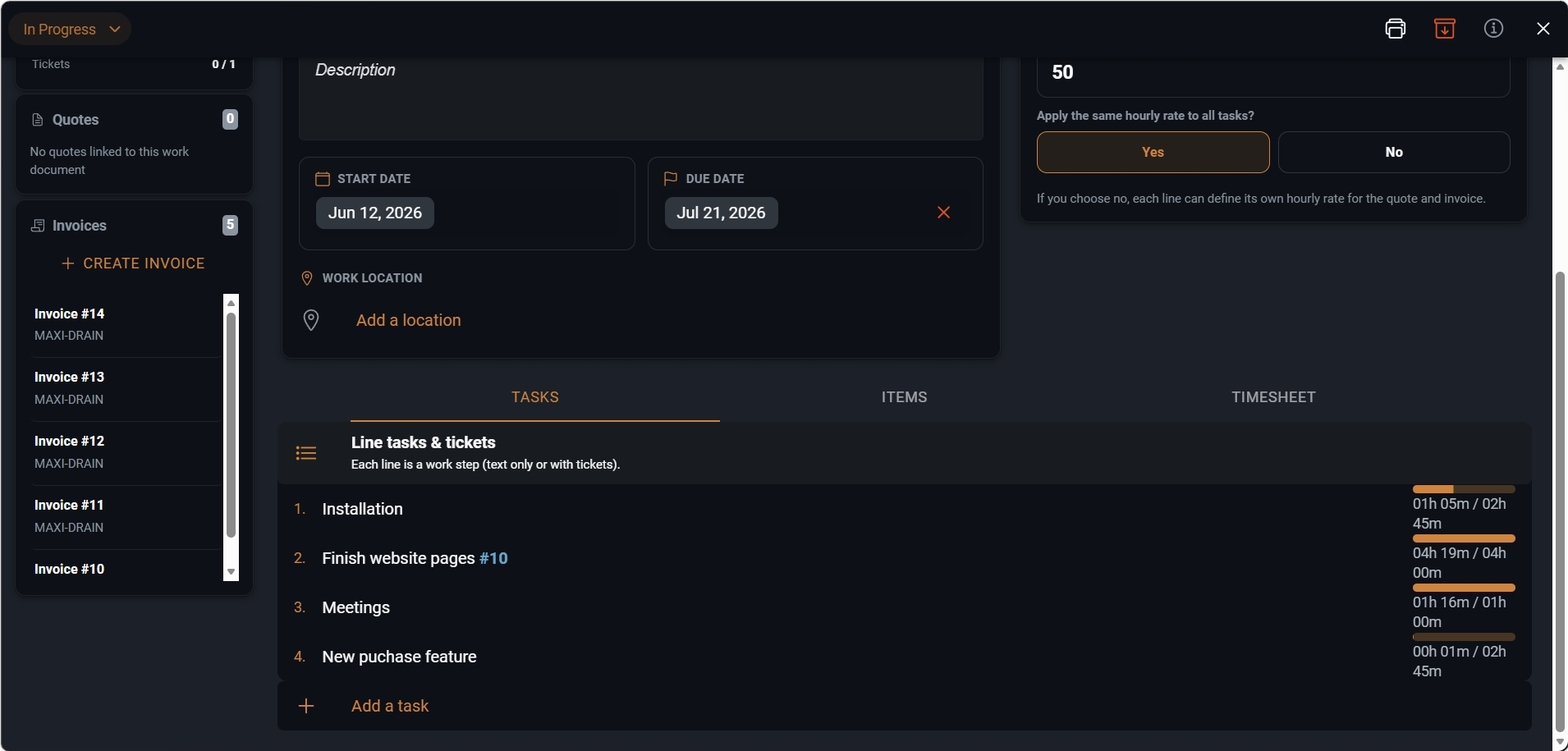Screenshot of a Sequentia work document with recorded time, tasks, and billing-ready data.
