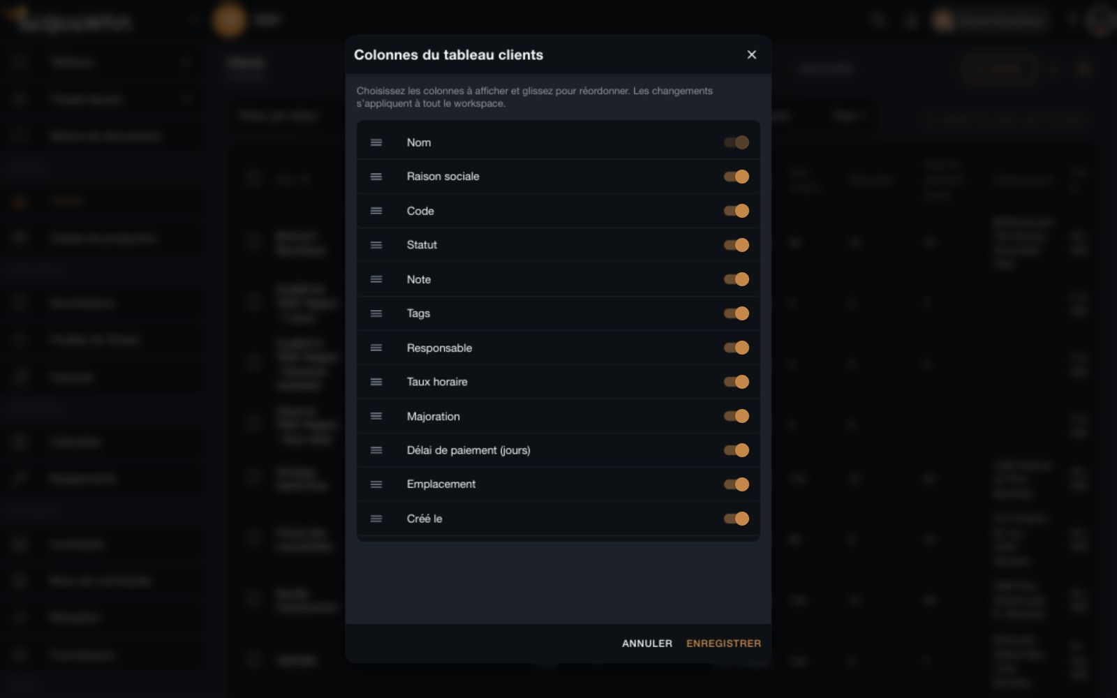 Fenêtre de configuration des colonnes du tableau Clients avec les interrupteurs de visibilité et les poignées de réorganisation.
