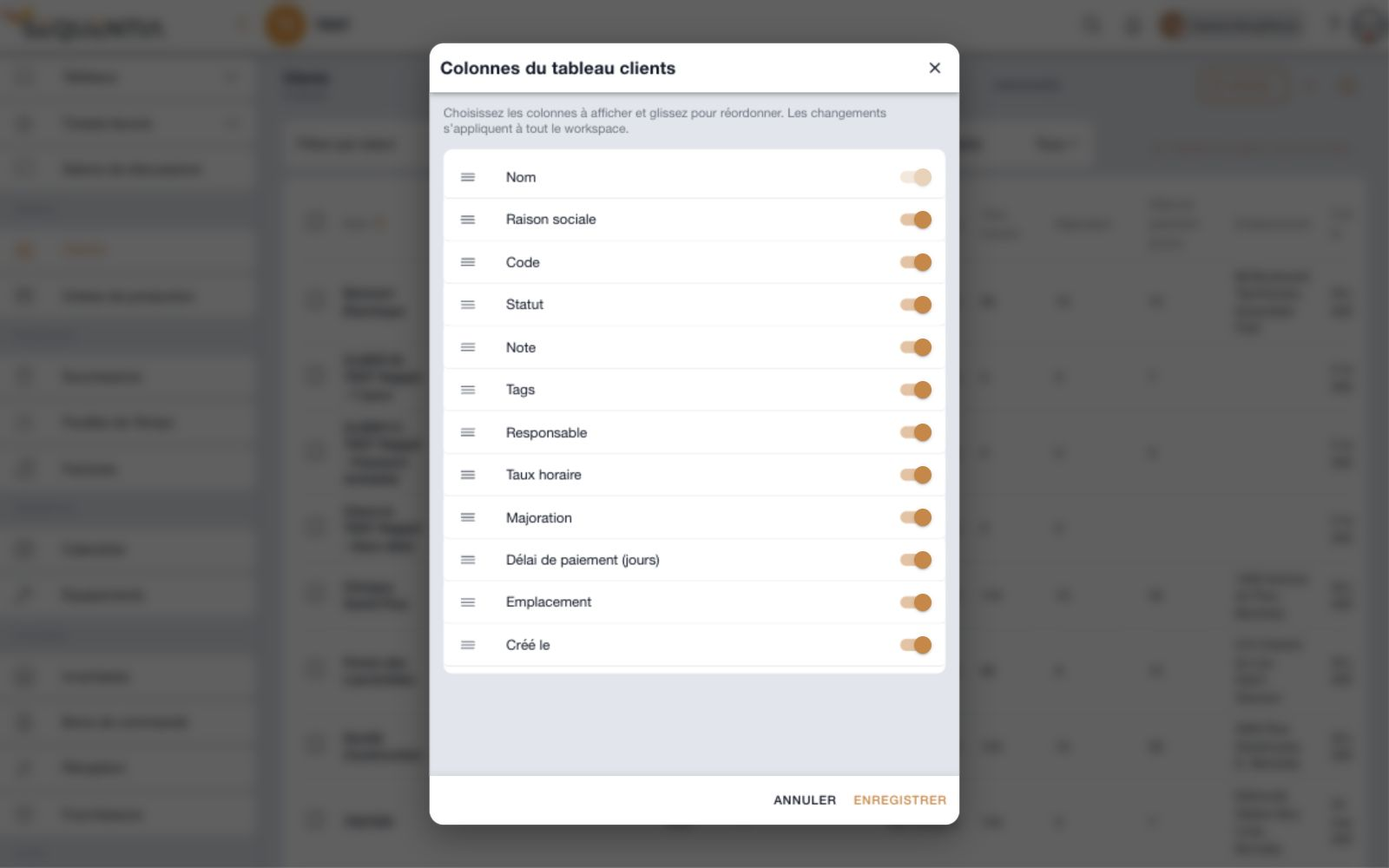 Fenêtre de configuration des colonnes du tableau Clients avec les interrupteurs de visibilité et les poignées de réorganisation.