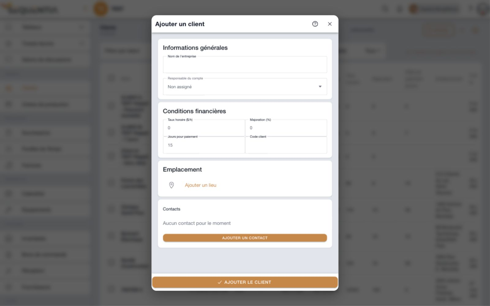 Formulaire de création d’un client avec nom, responsable, conditions financières, lieu et contacts.