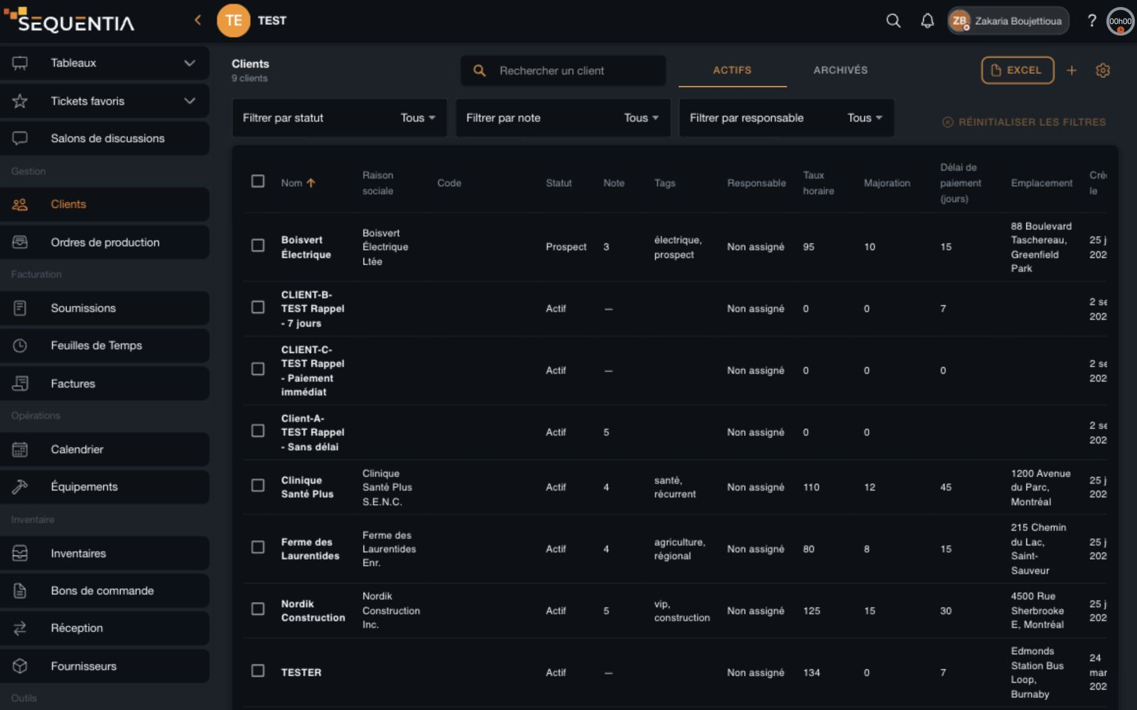 Vue ordinateur du répertoire Clients de Sequentia : recherche, filtres, tableau, onglets actifs et archivés, et outils Excel.