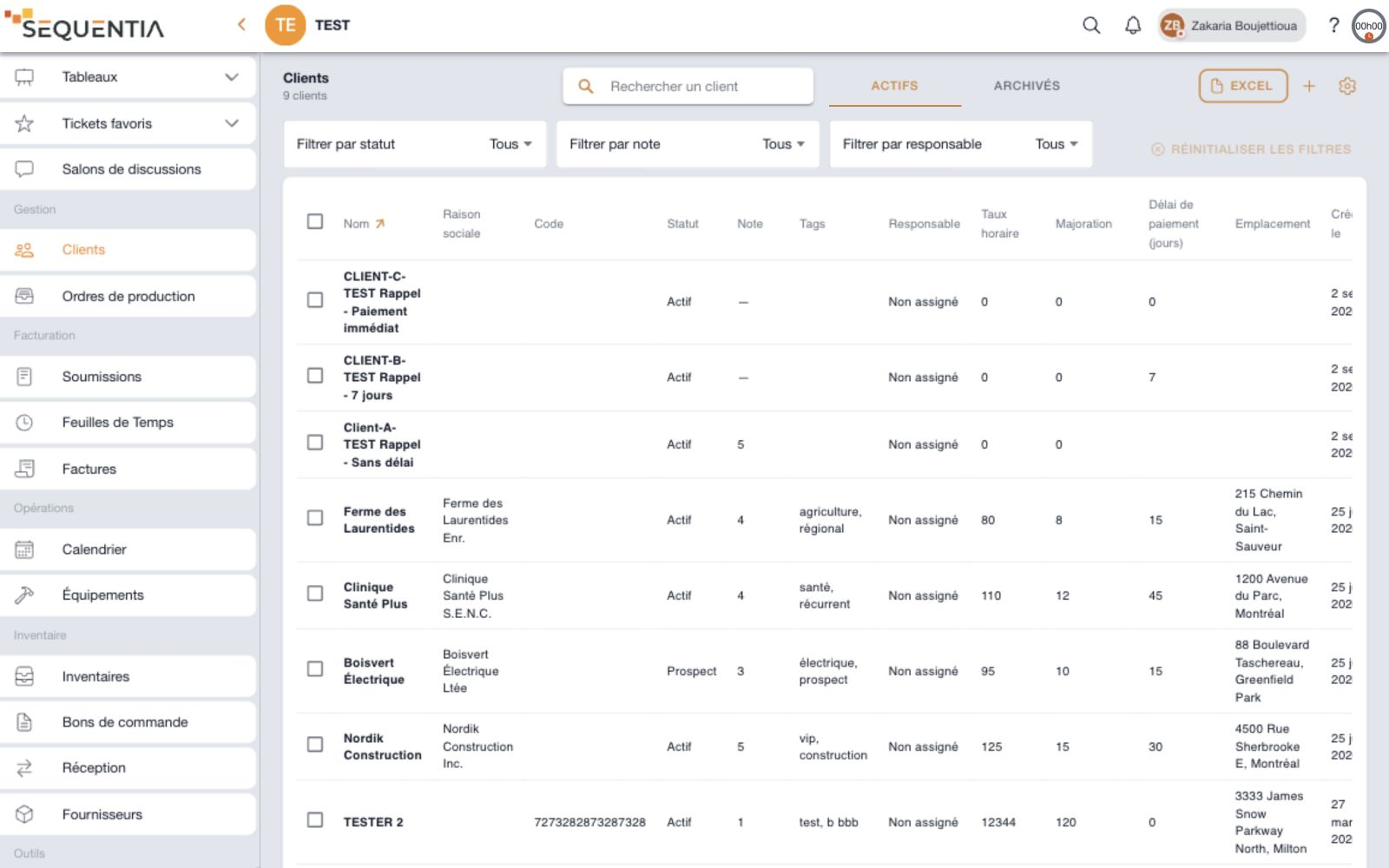 Vue ordinateur du répertoire Clients de Sequentia : recherche, filtres, tableau, onglets actifs et archivés, et outils Excel.