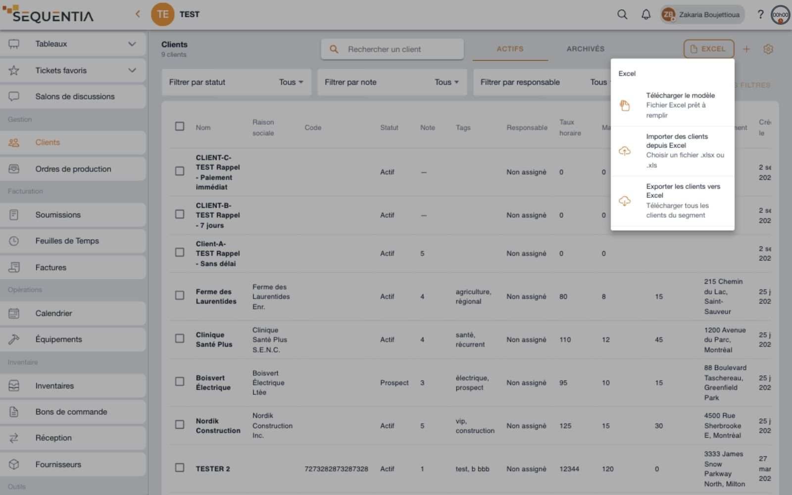 Menu Excel du répertoire avec téléchargement d’un modèle, import de fichiers xlsx ou xls et export des clients du segment.