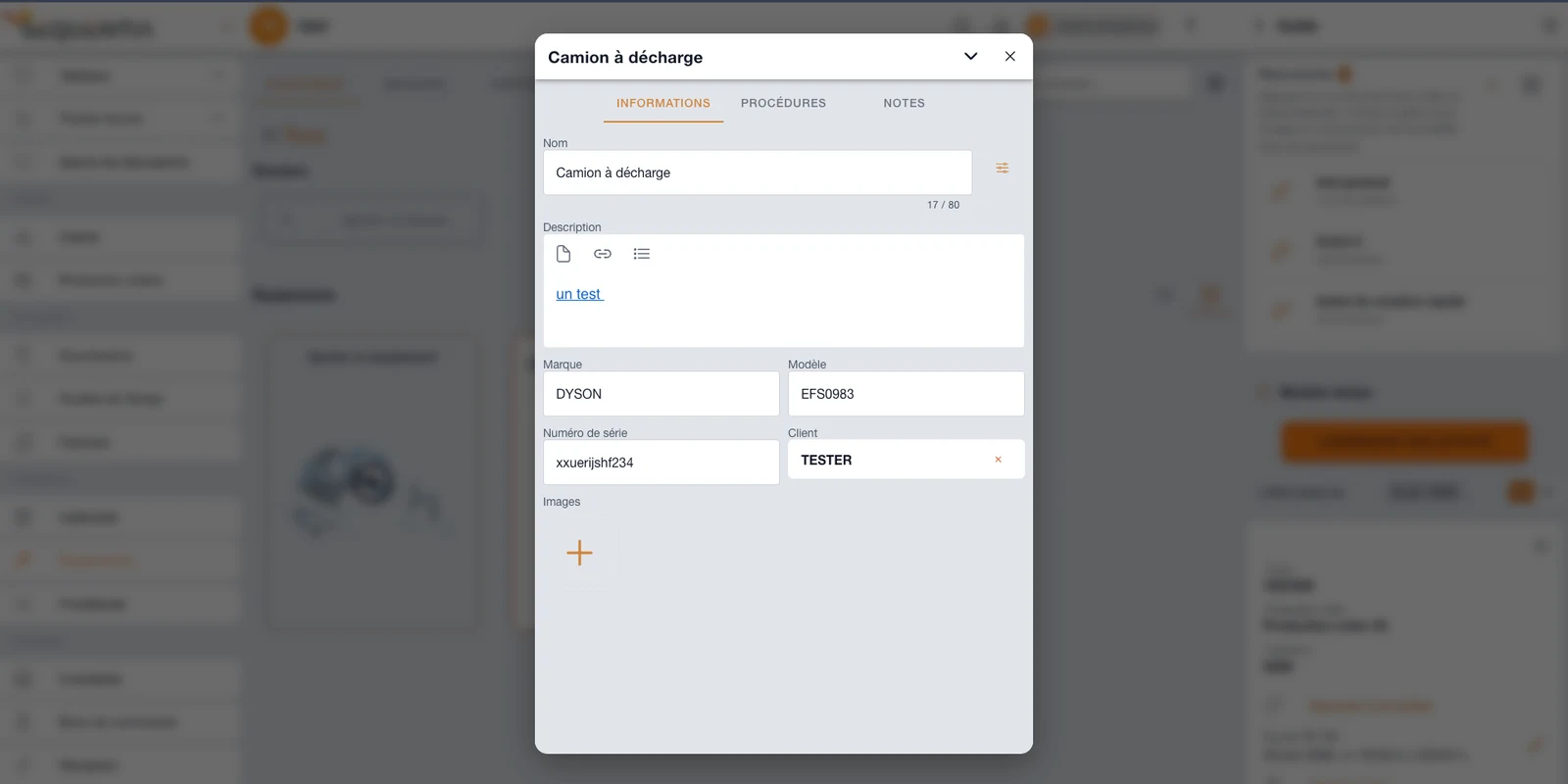 Capture de la fiche d'un camion à décharge avec nom, description, marque, modèle, numéro de série et client.
