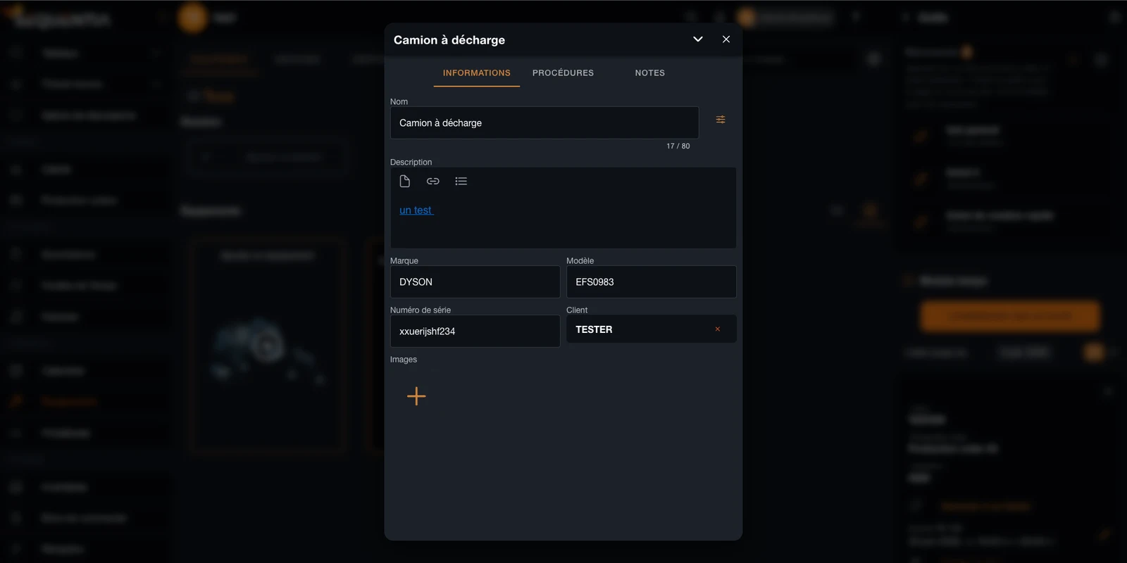 Capture de la fiche d'un camion à décharge avec nom, description, marque, modèle, numéro de série et client.