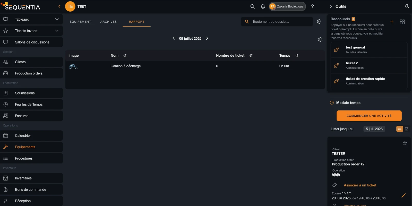 Capture du rapport Équipements avec image, nom, nombre de tickets et temps enregistré.