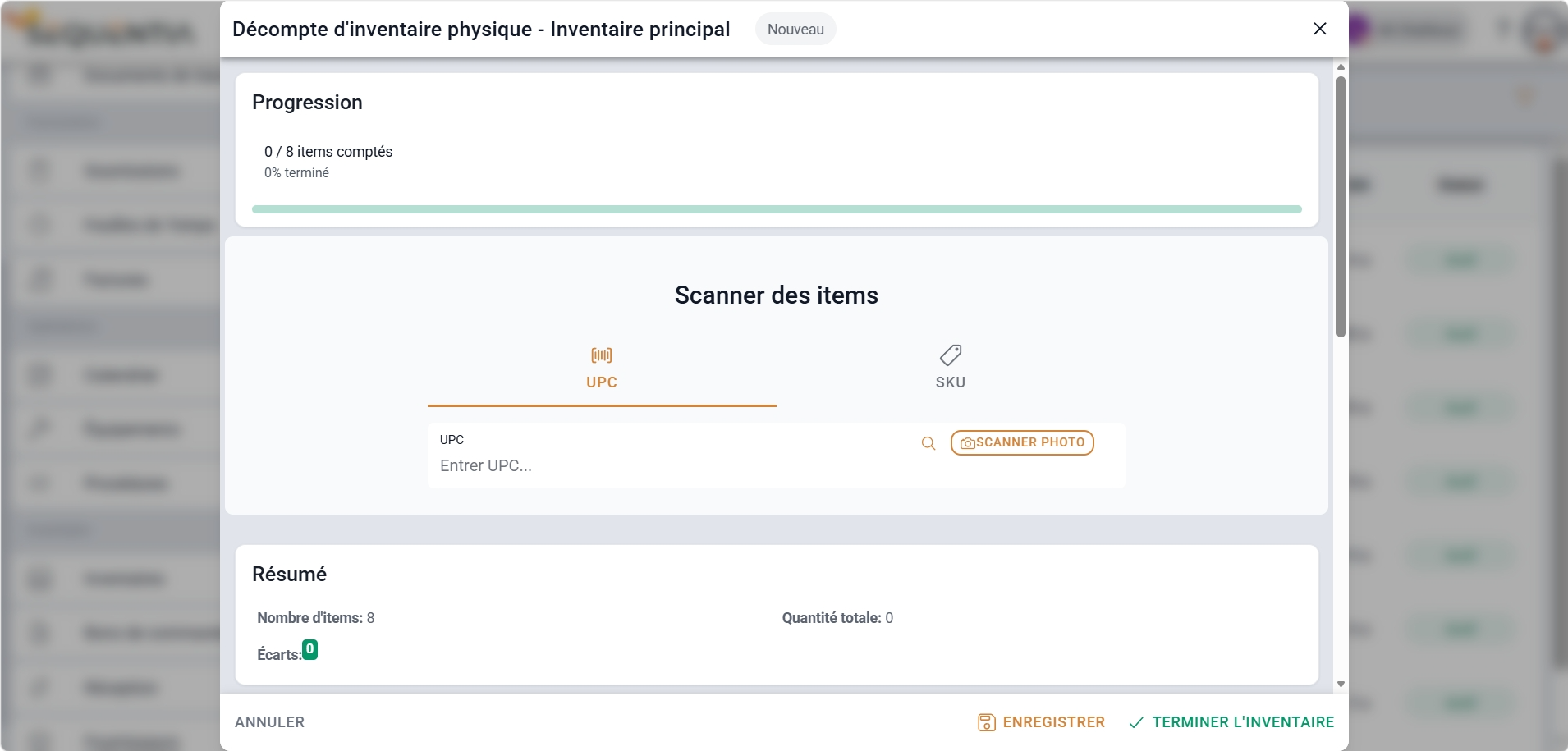 Capture d'un décompte d'inventaire Sequentia avec scan pour faciliter le comptage physique.