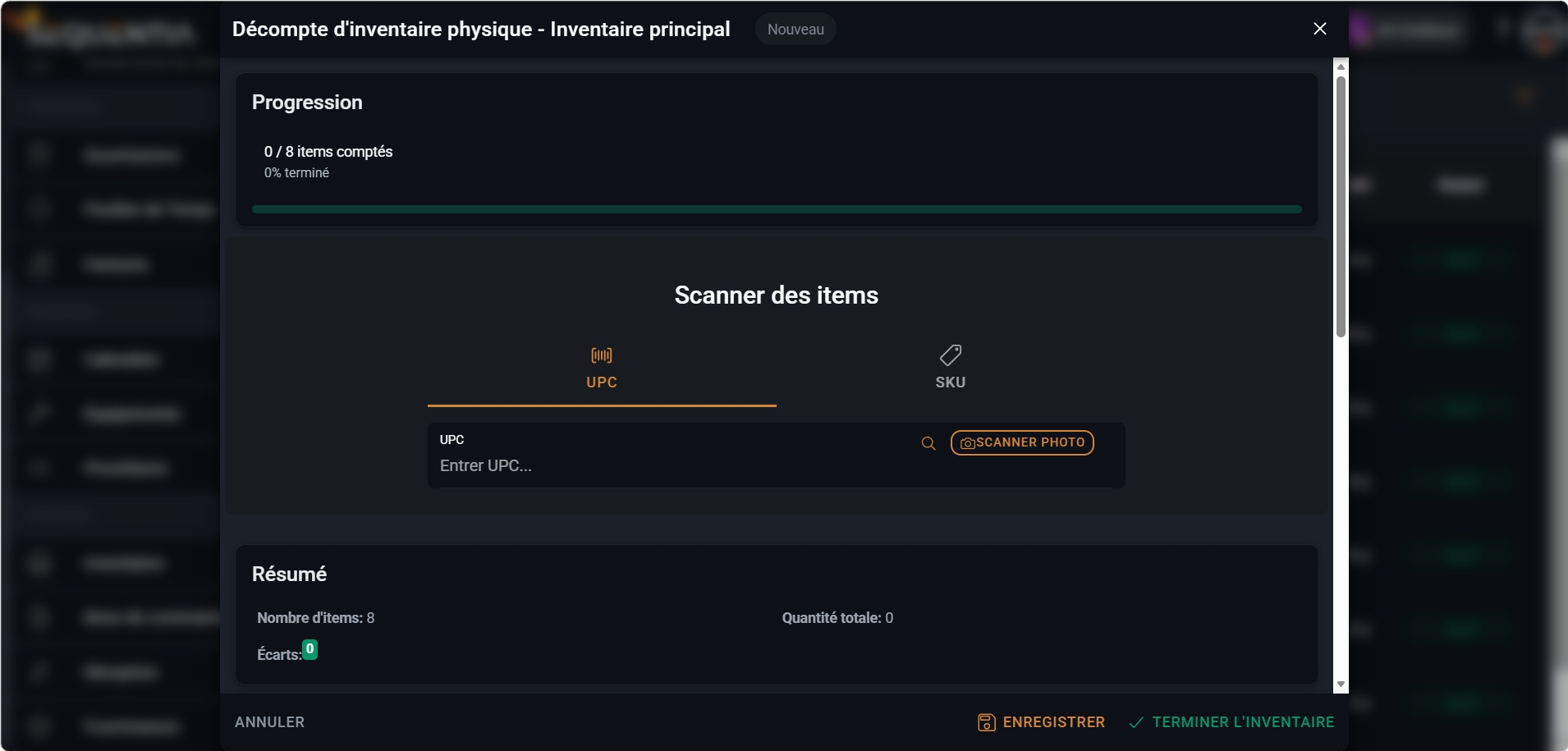 Capture d'un décompte d'inventaire Sequentia avec scan pour faciliter le comptage physique.