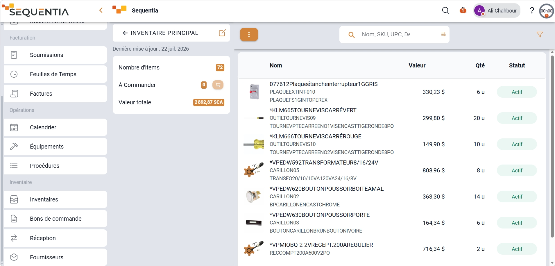 Capture de l'inventaire Sequentia avec items, quantités, prix, emplacements et inventaires multiples.