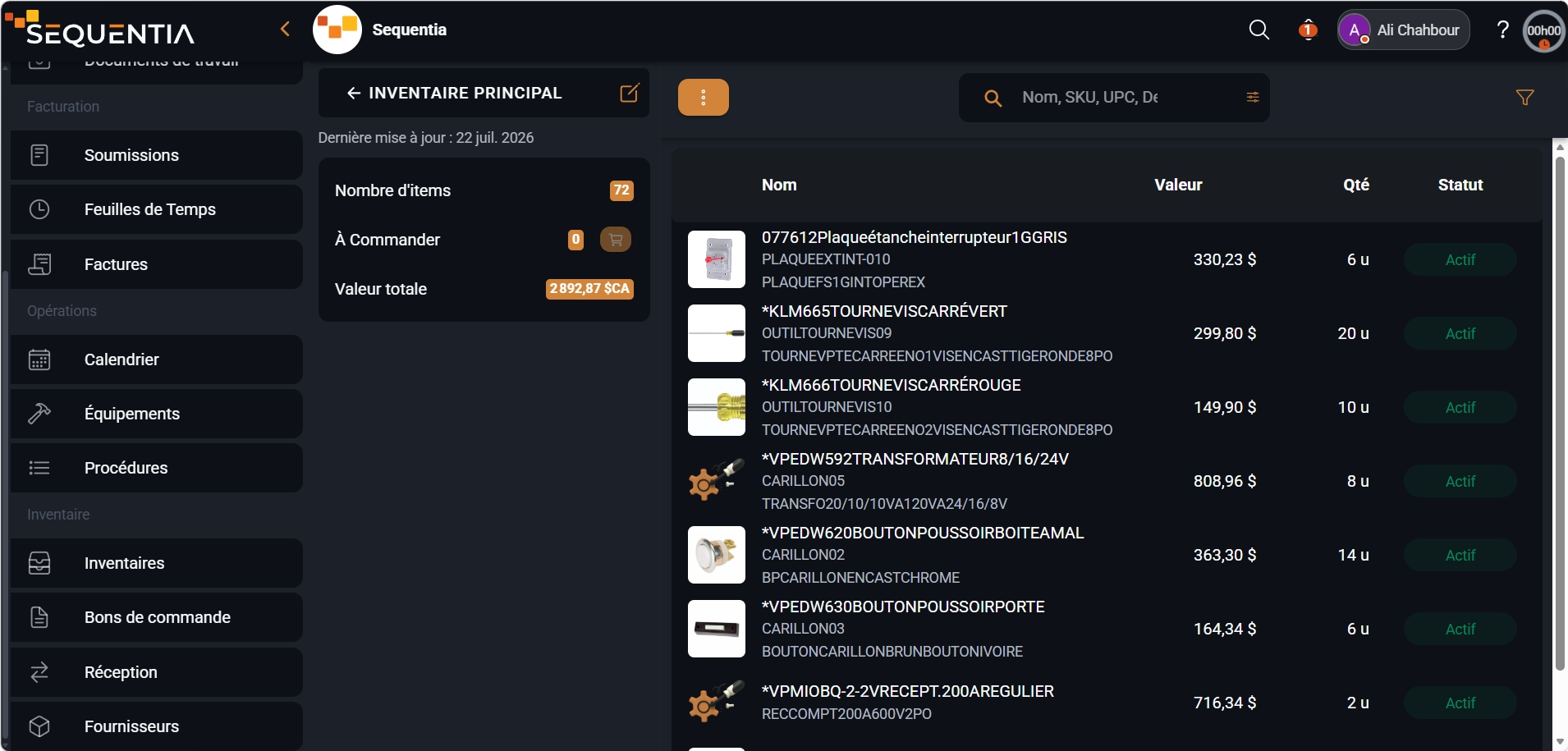 Capture de l'inventaire Sequentia avec items, quantités, prix, emplacements et inventaires multiples.