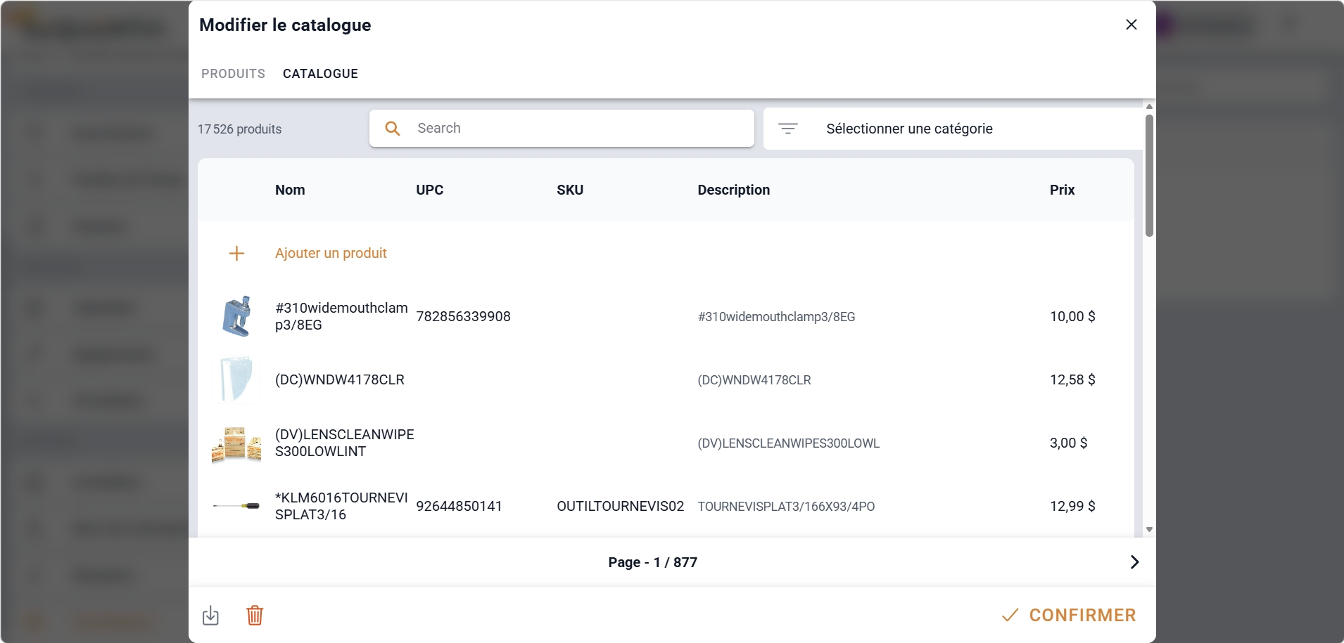 Capture du catalogue d'un fournisseur Sequentia avec produits importés pour faciliter les décomptes et bons de commande.
