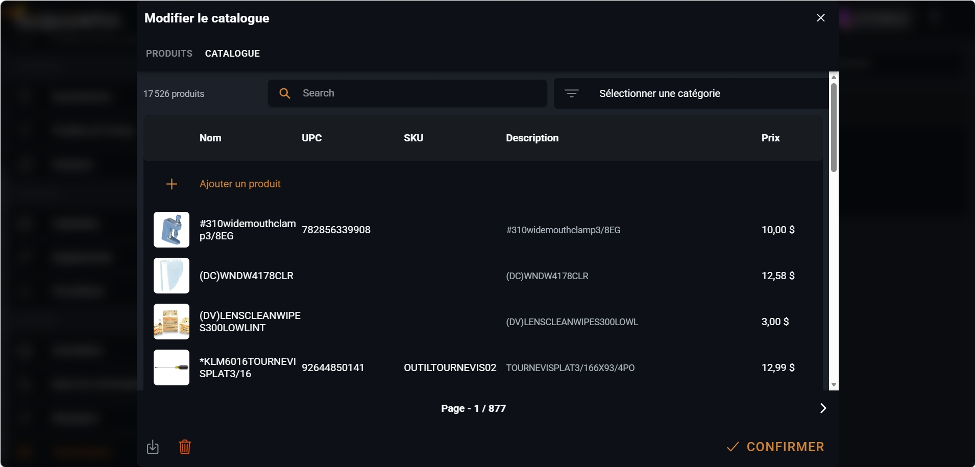 Capture du catalogue d'un fournisseur Sequentia avec produits importés pour faciliter les décomptes et bons de commande.