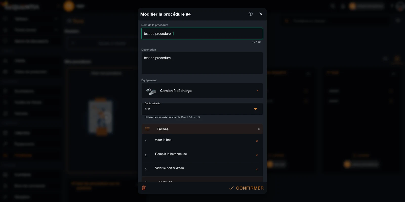 Capture de l'éditeur de procédure Sequentia avec nom, description, équipement, durée estimée et checklist de tâches.