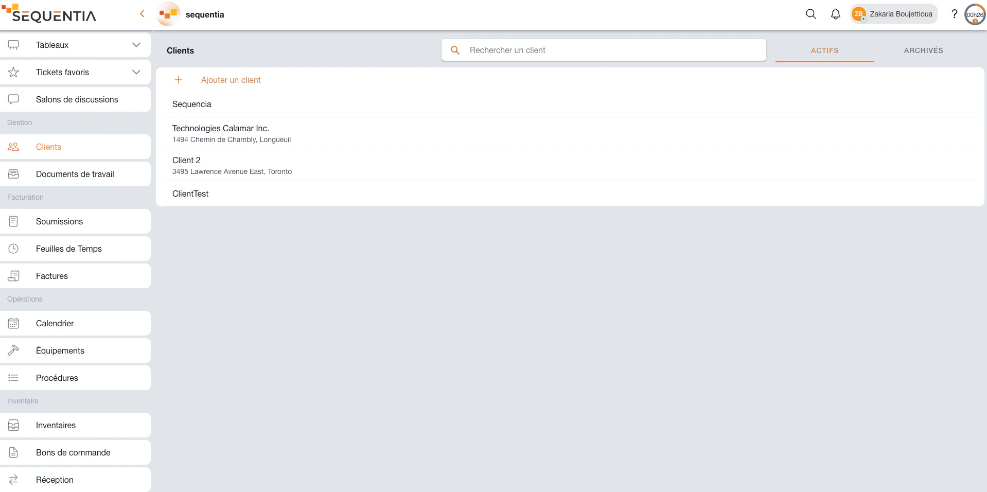 Liste des clients Sequentia avec recherche, clients actifs et adresses.