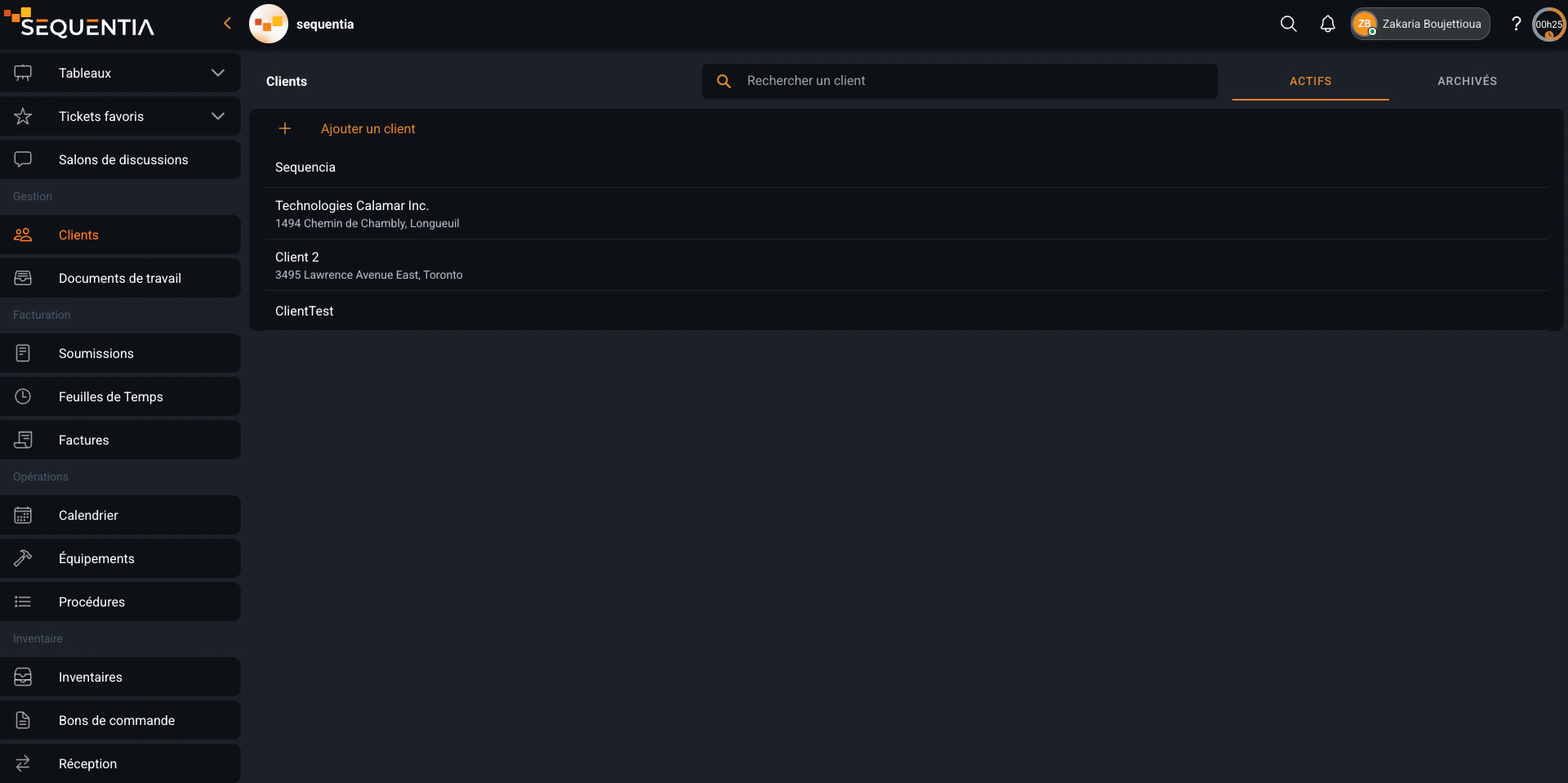 Liste des clients Sequentia avec recherche, clients actifs et adresses.