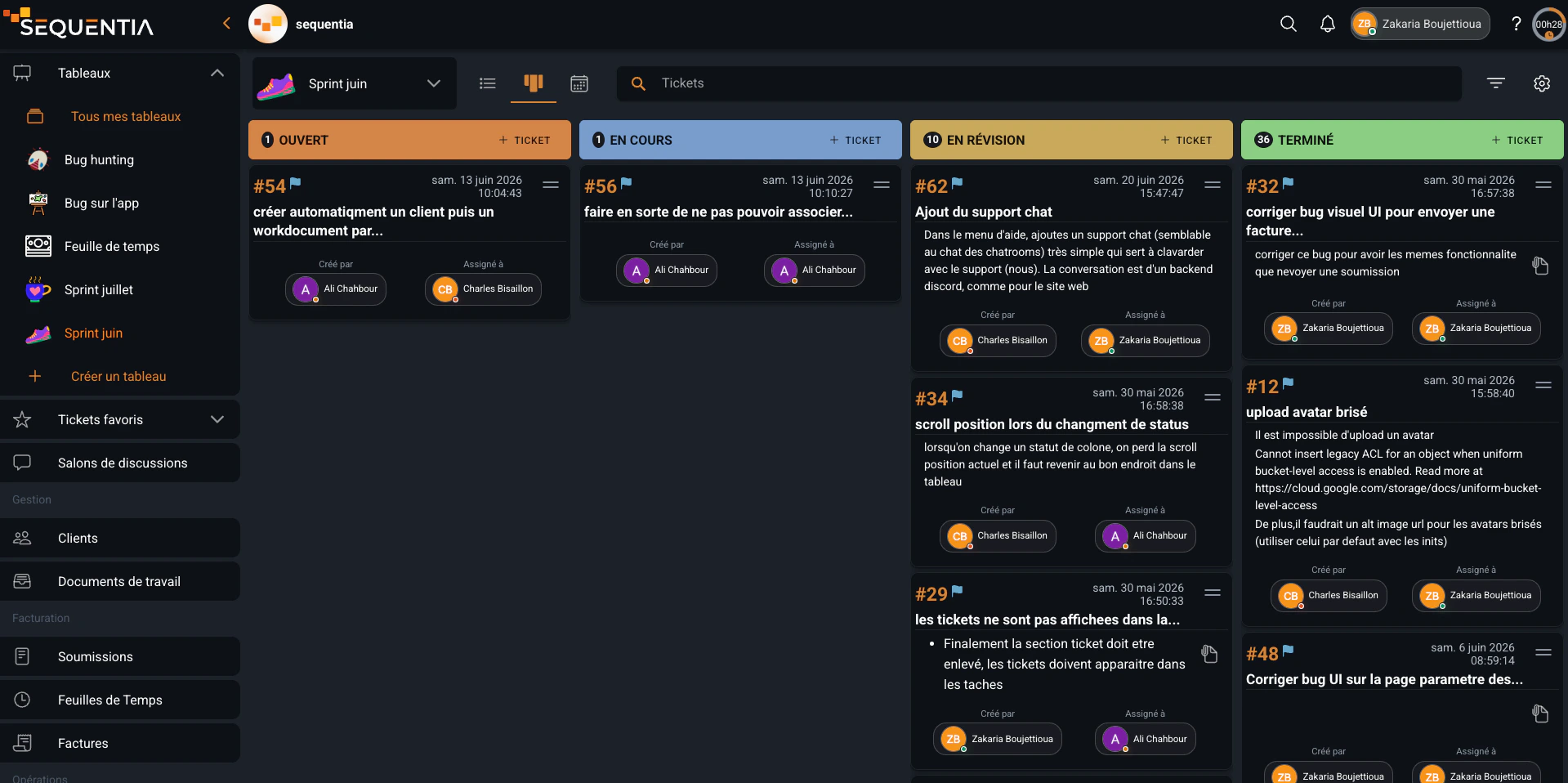 Tableau Kanban Sequentia pour un projet de développement logiciel avec tickets ouverts, en cours, en révision et terminés.