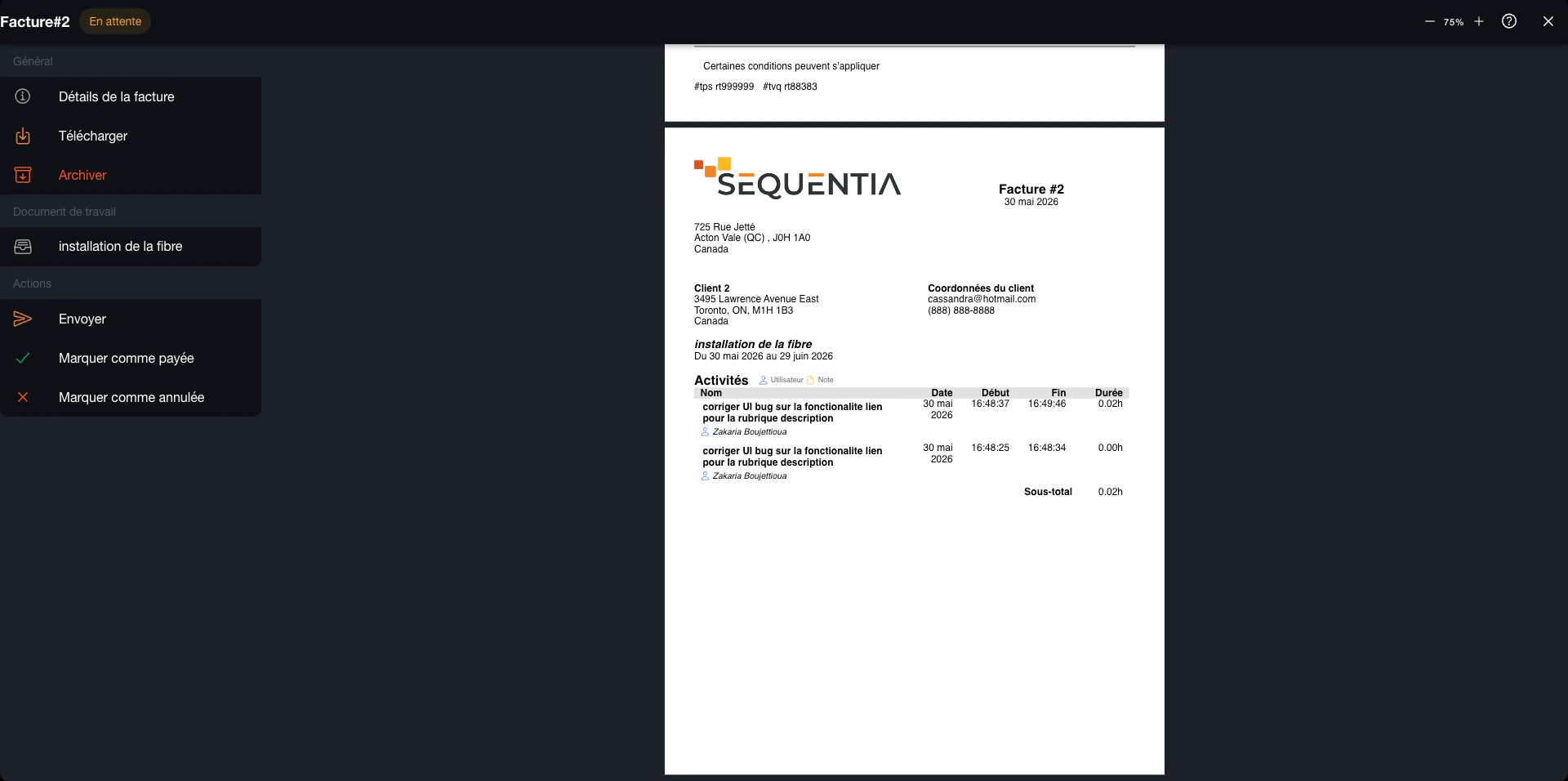 Deuxième page d'une facture Sequentia détaillant les activités et le temps enregistrés.