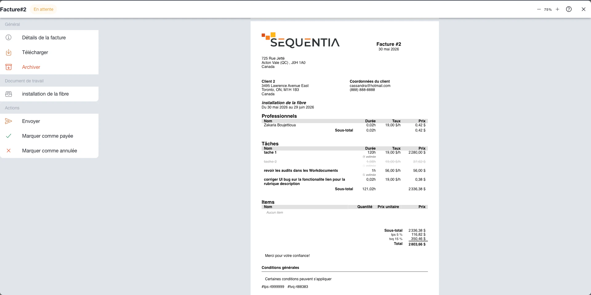 Facture Sequentia avec client, professionnels, tâches, durées, taux et total du projet.
