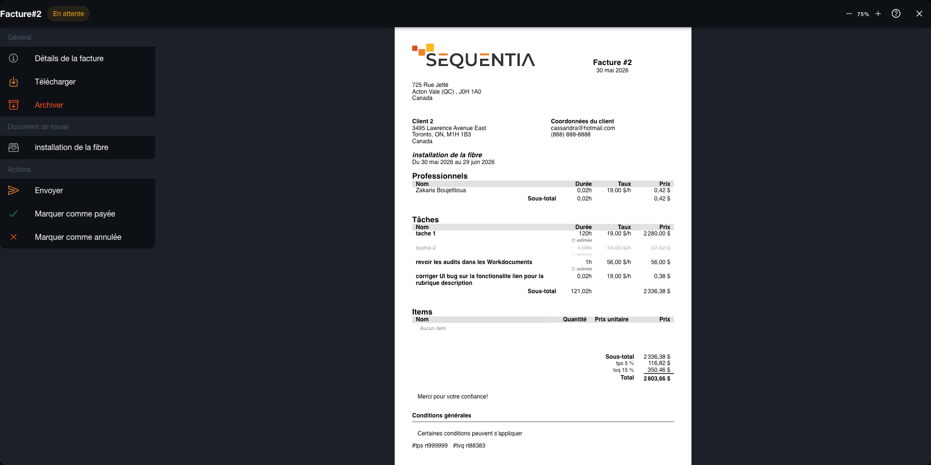 Facture Sequentia avec client, professionnels, tâches, durées, taux et total du projet.