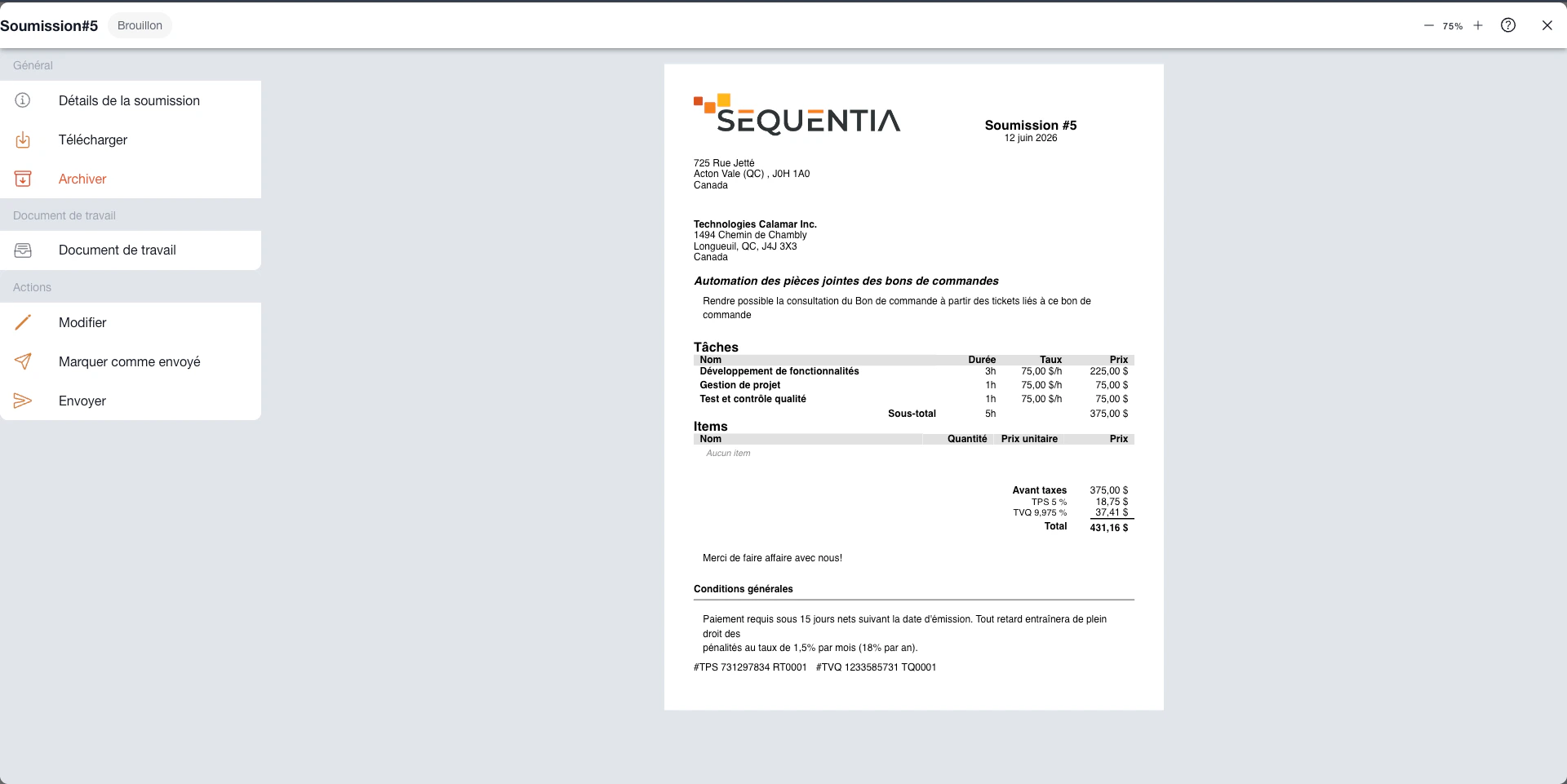 Soumission Sequentia issue d'un document de travail avec client, tâches, durées, taux et total.