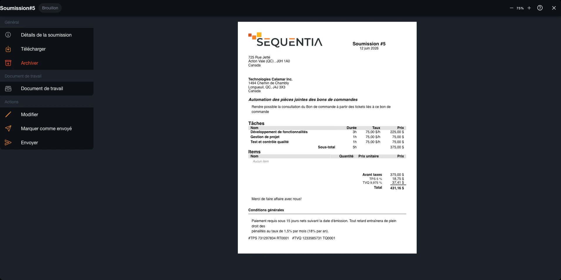 Soumission Sequentia issue d'un document de travail avec client, tâches, durées, taux et total.