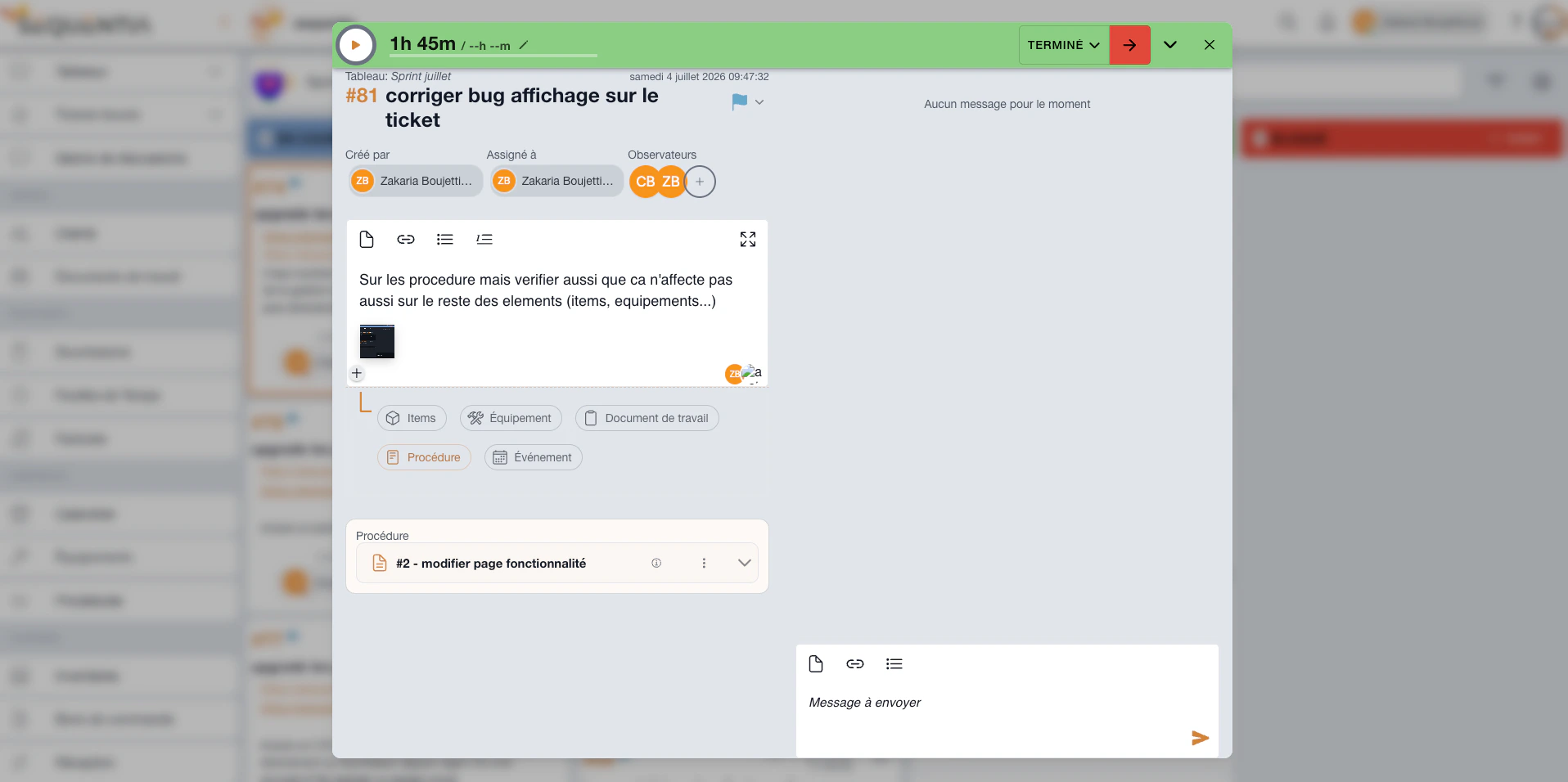 Ticket Sequentia de projet avec statut, temps, responsables, description, pièce jointe et procédure liée.