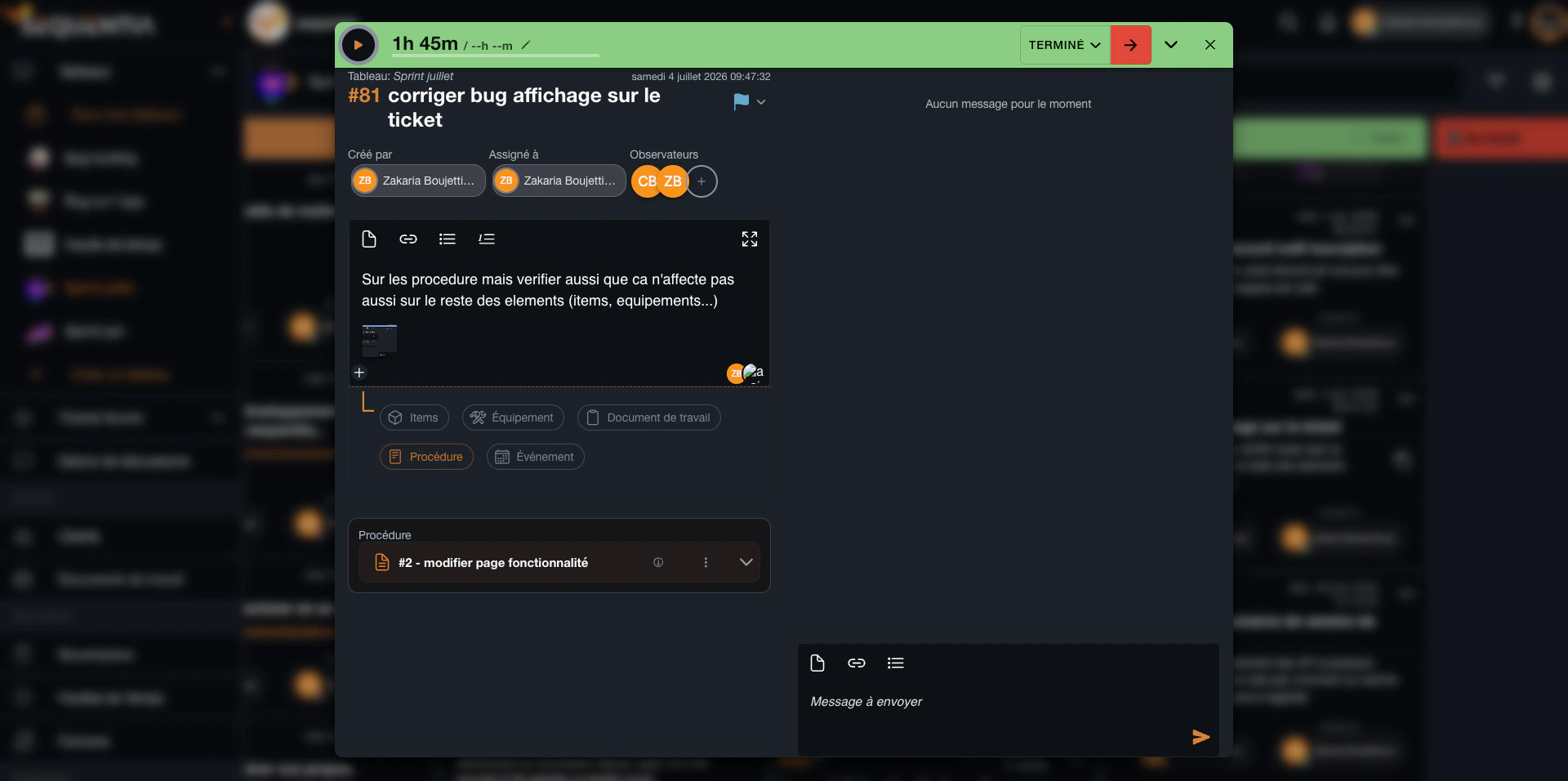 Ticket Sequentia de projet avec statut, temps, responsables, description, pièce jointe et procédure liée.