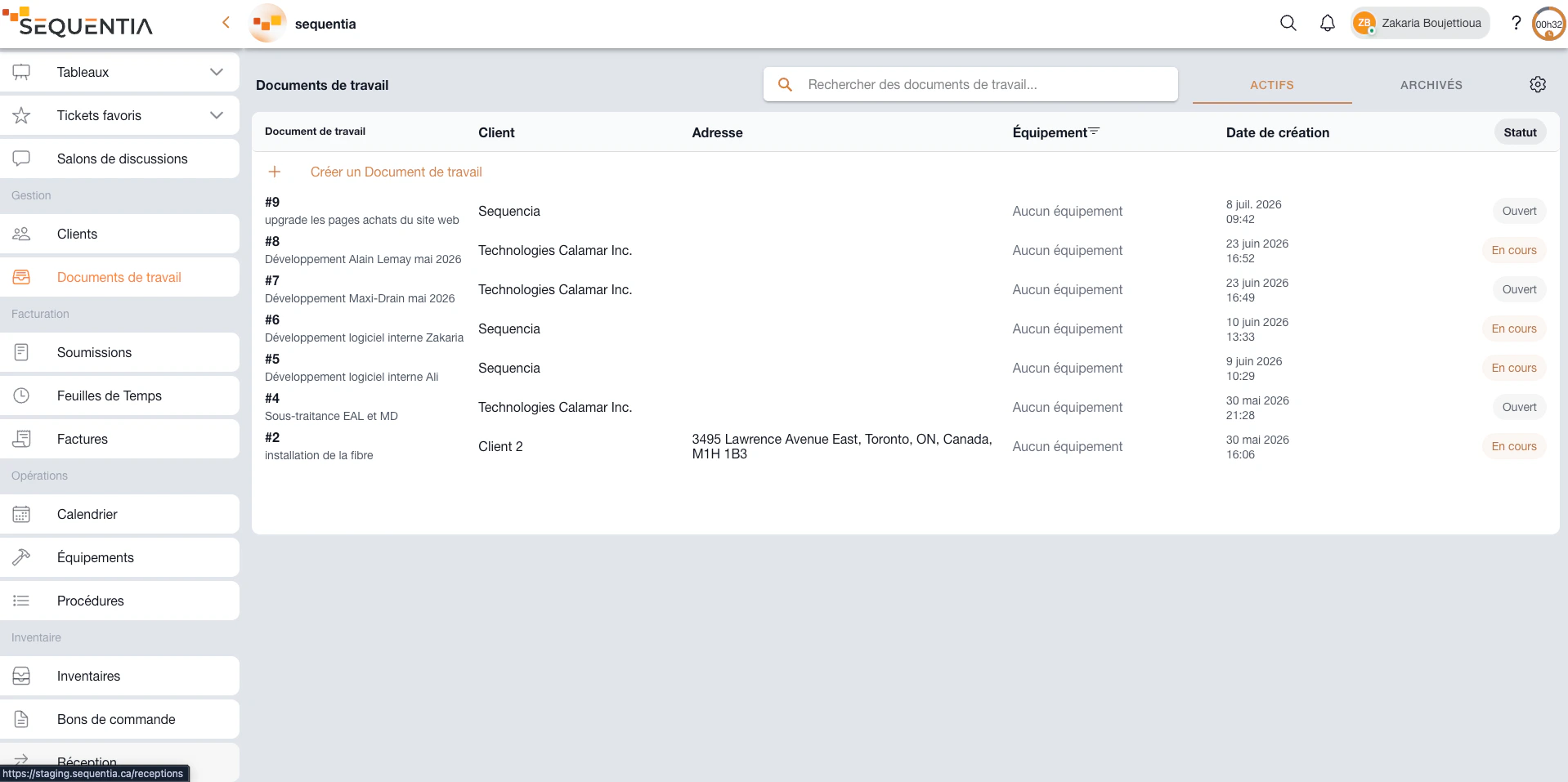 Liste Sequentia des documents de travail actifs avec clients, dates, statuts et recherche.