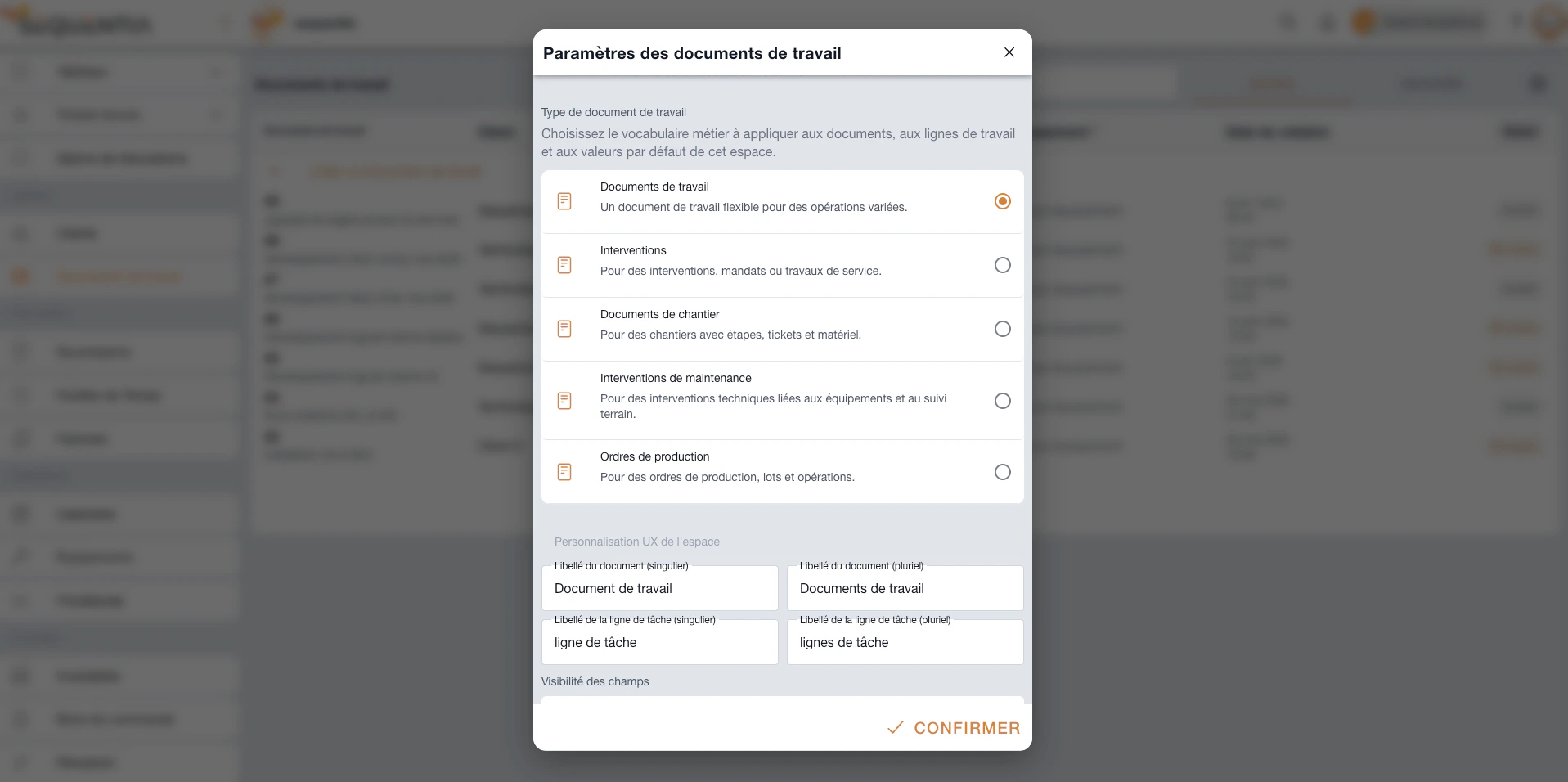 Paramètres Sequentia permettant de choisir le type et les libellés des documents de travail selon le secteur d'activité.