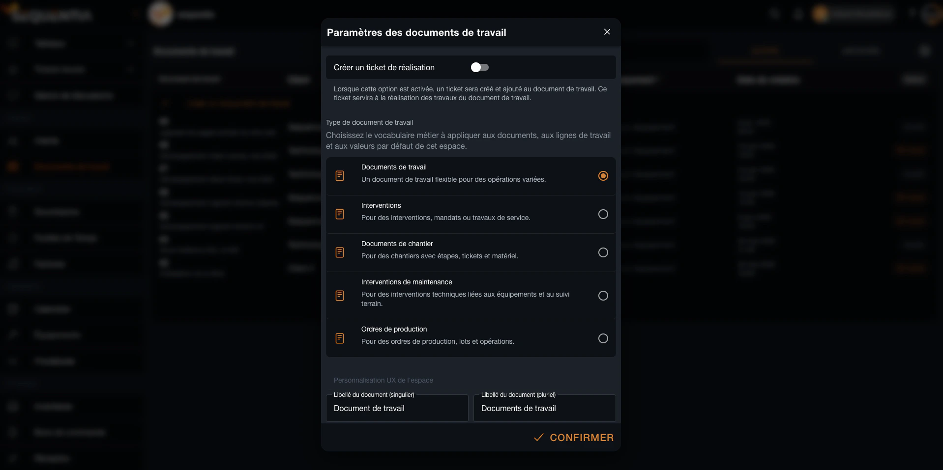 Paramètres Sequentia permettant de choisir le type et les libellés des documents de travail selon le secteur d'activité.