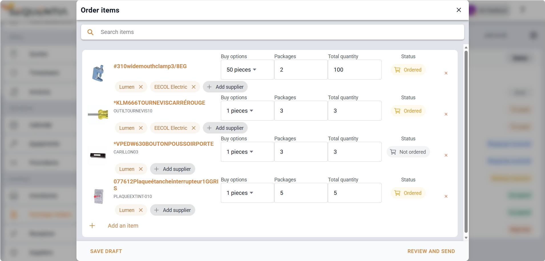 Screenshot of ordered items in Sequentia grouping products recently placed on order.