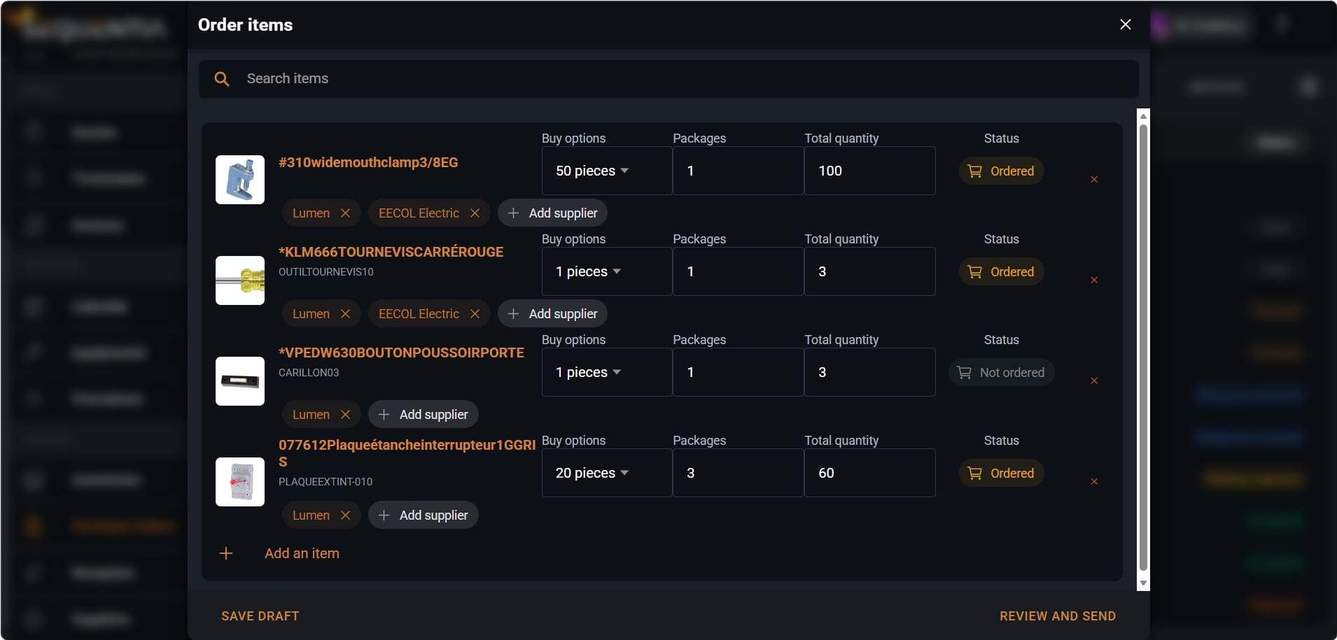 Screenshot of ordered items in Sequentia grouping products recently placed on order.