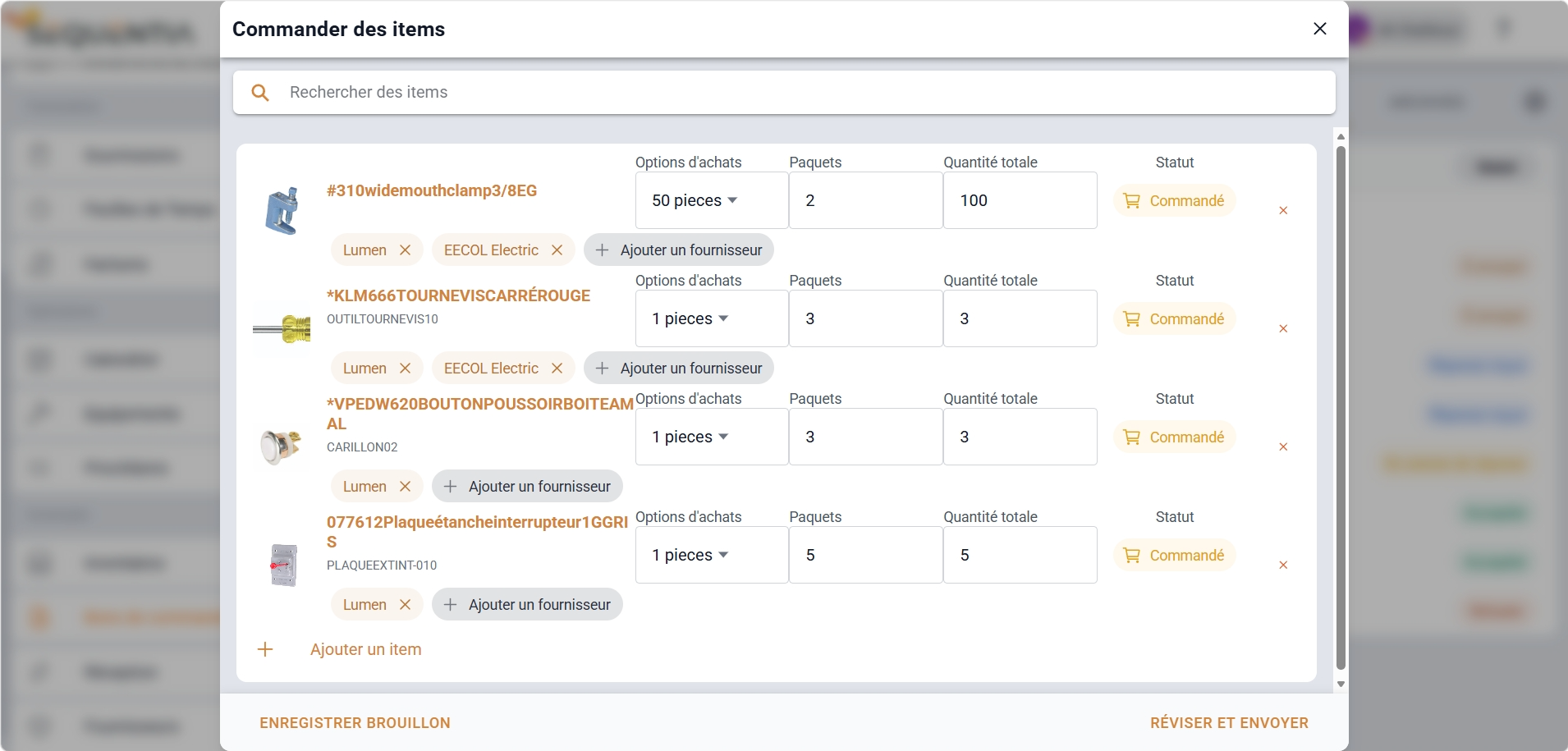 Capture des items commandés dans Sequentia regroupant les produits récemment passés en commande.
