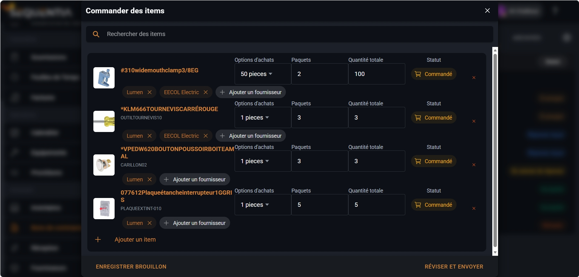 Capture des items commandés dans Sequentia regroupant les produits récemment passés en commande.