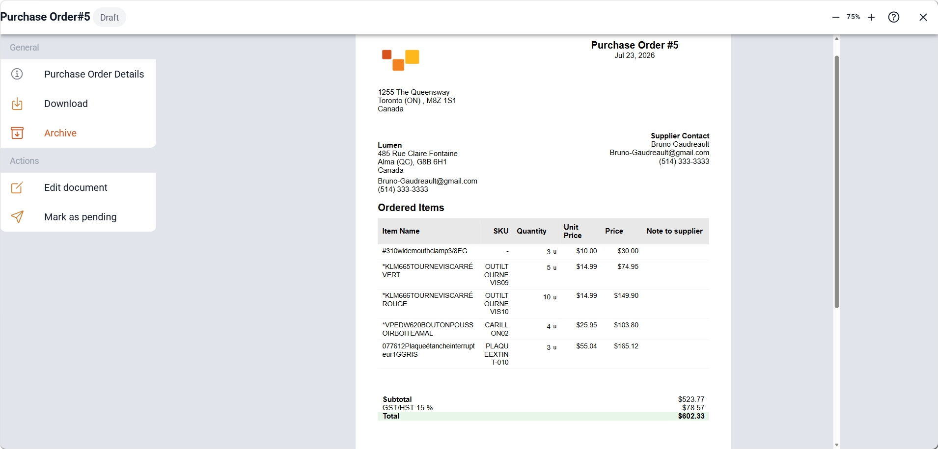 Screenshot of a Sequentia purchase order with supplier, items, quantities, and totals.