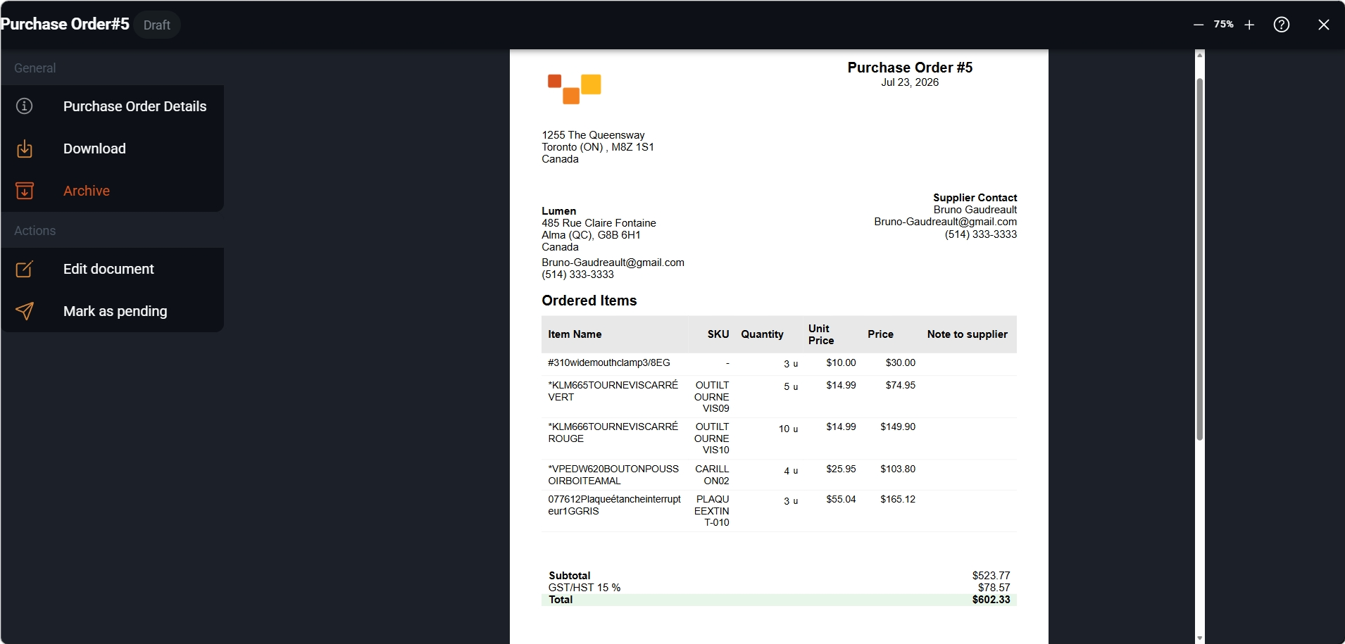 Screenshot of a Sequentia purchase order with supplier, items, quantities, and totals.