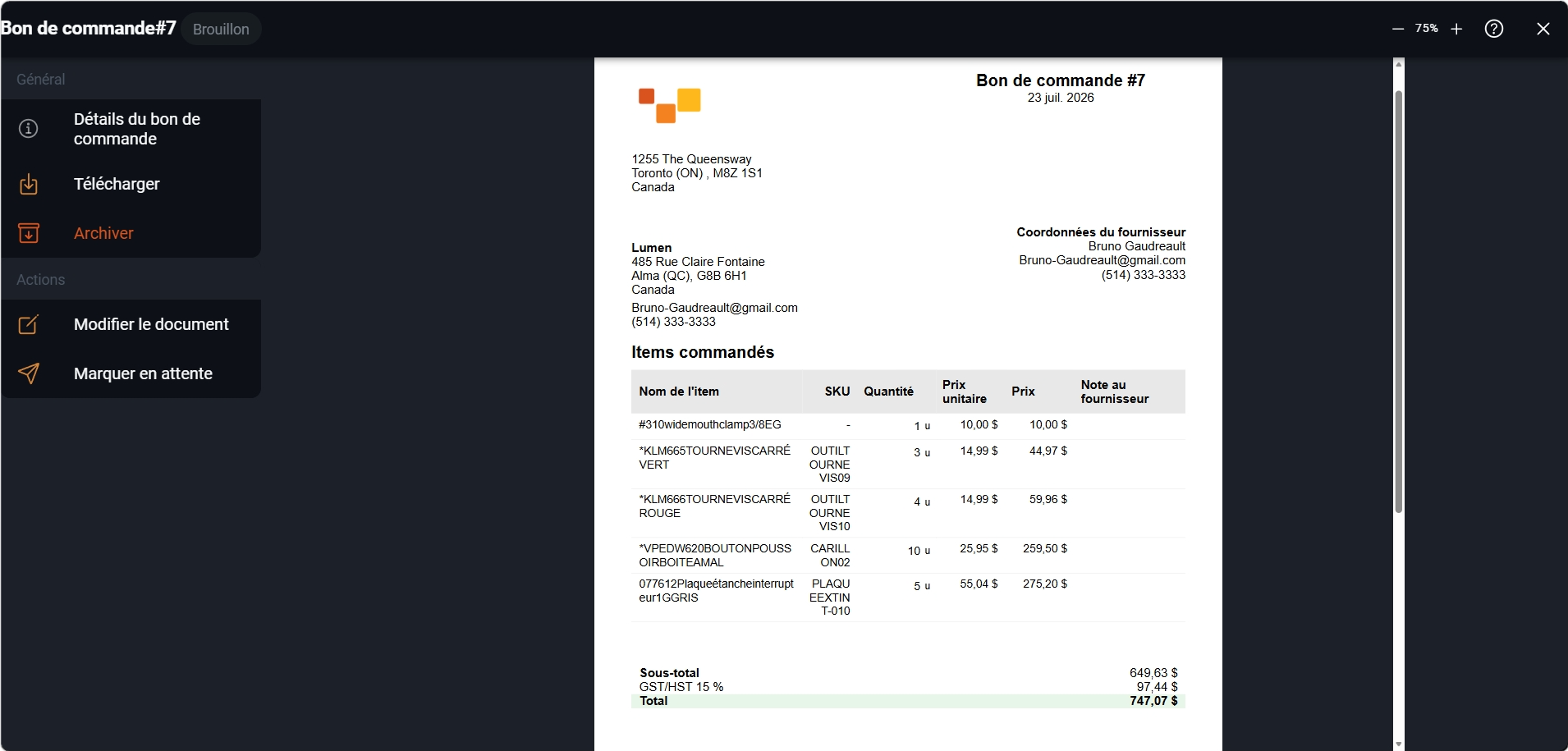 Capture d'un bon de commande Sequentia avec fournisseur, items, quantités et totaux.