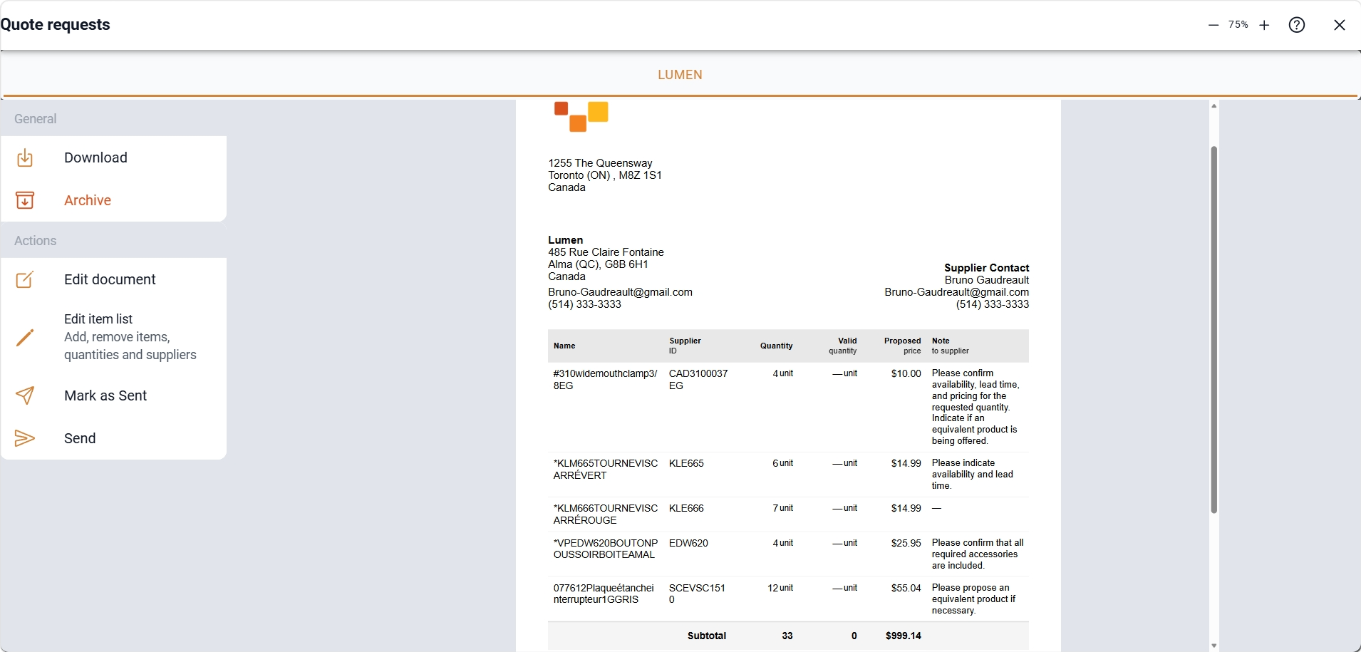 Screenshot of a Sequentia quote request to ask multiple suppliers for pricing on different items.