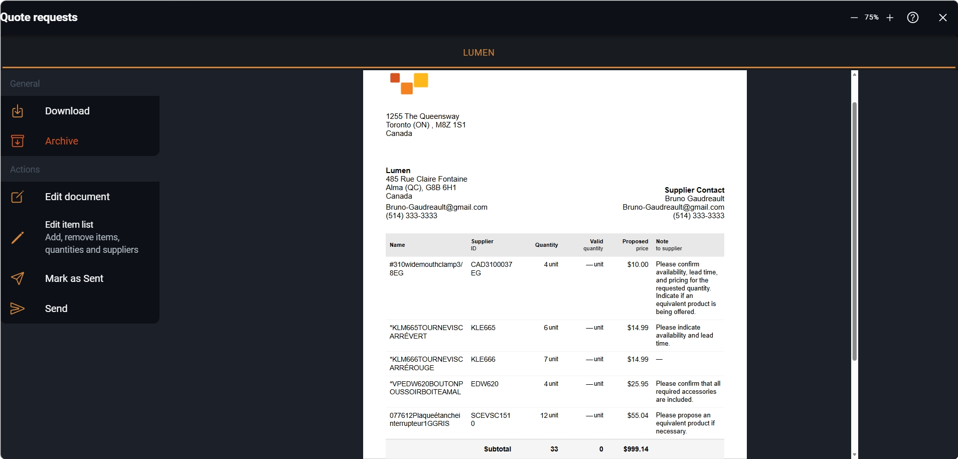 Screenshot of a Sequentia quote request to ask multiple suppliers for pricing on different items.