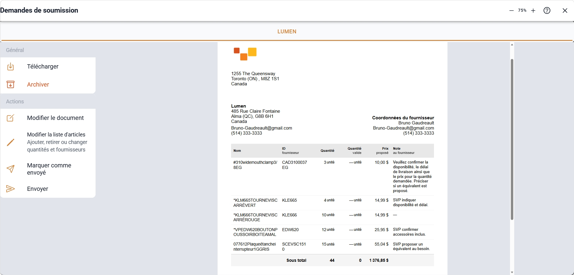 Capture d'une demande de soumission Sequentia pour demander des prix à plusieurs fournisseurs et items.