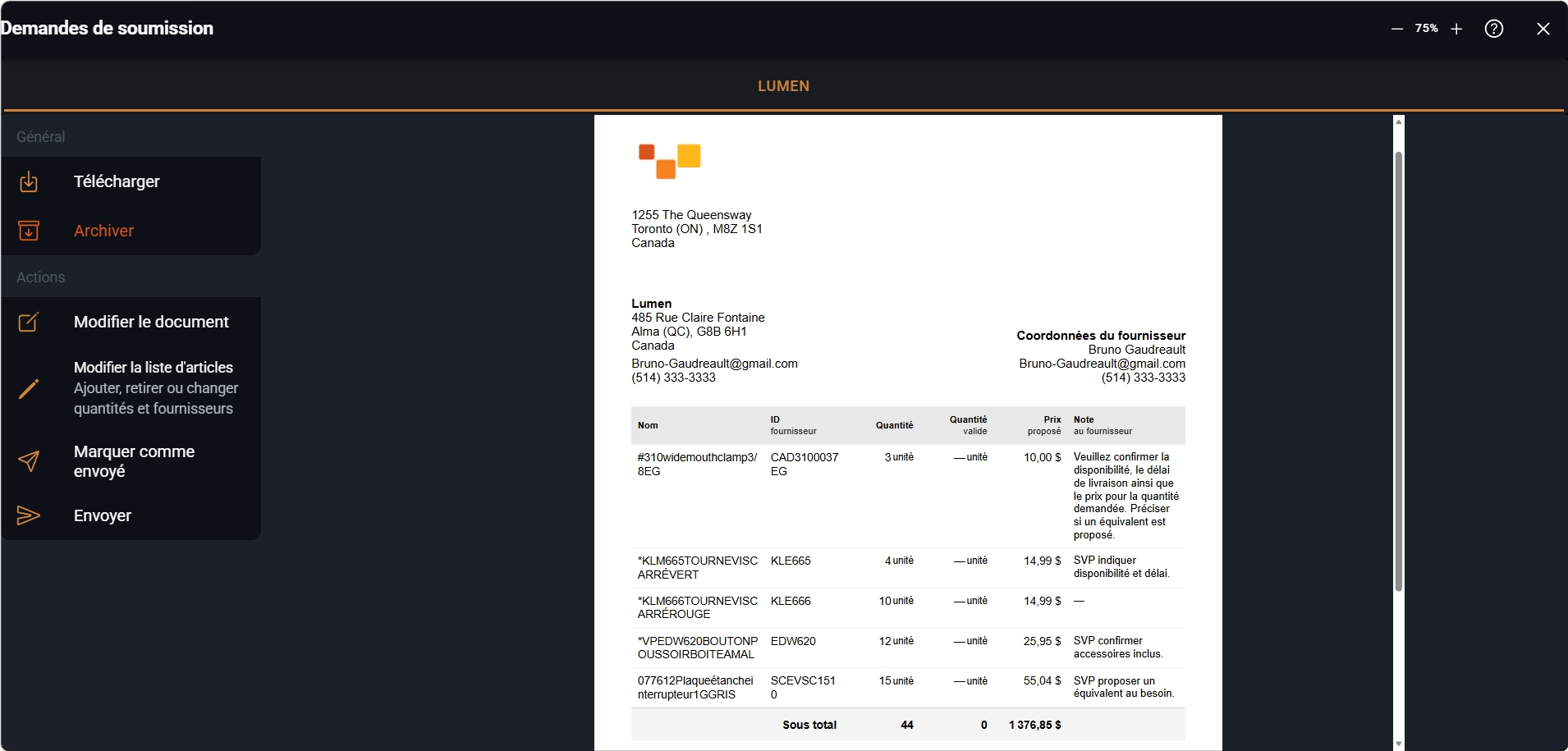Capture d'une demande de soumission Sequentia pour demander des prix à plusieurs fournisseurs et items.