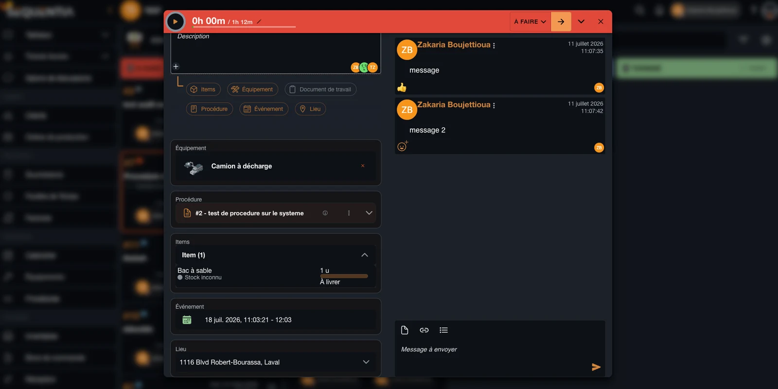 Vue détaillée d'un ticket Sequentia avec items, événement planifié, lieu d'intervention et messages.
