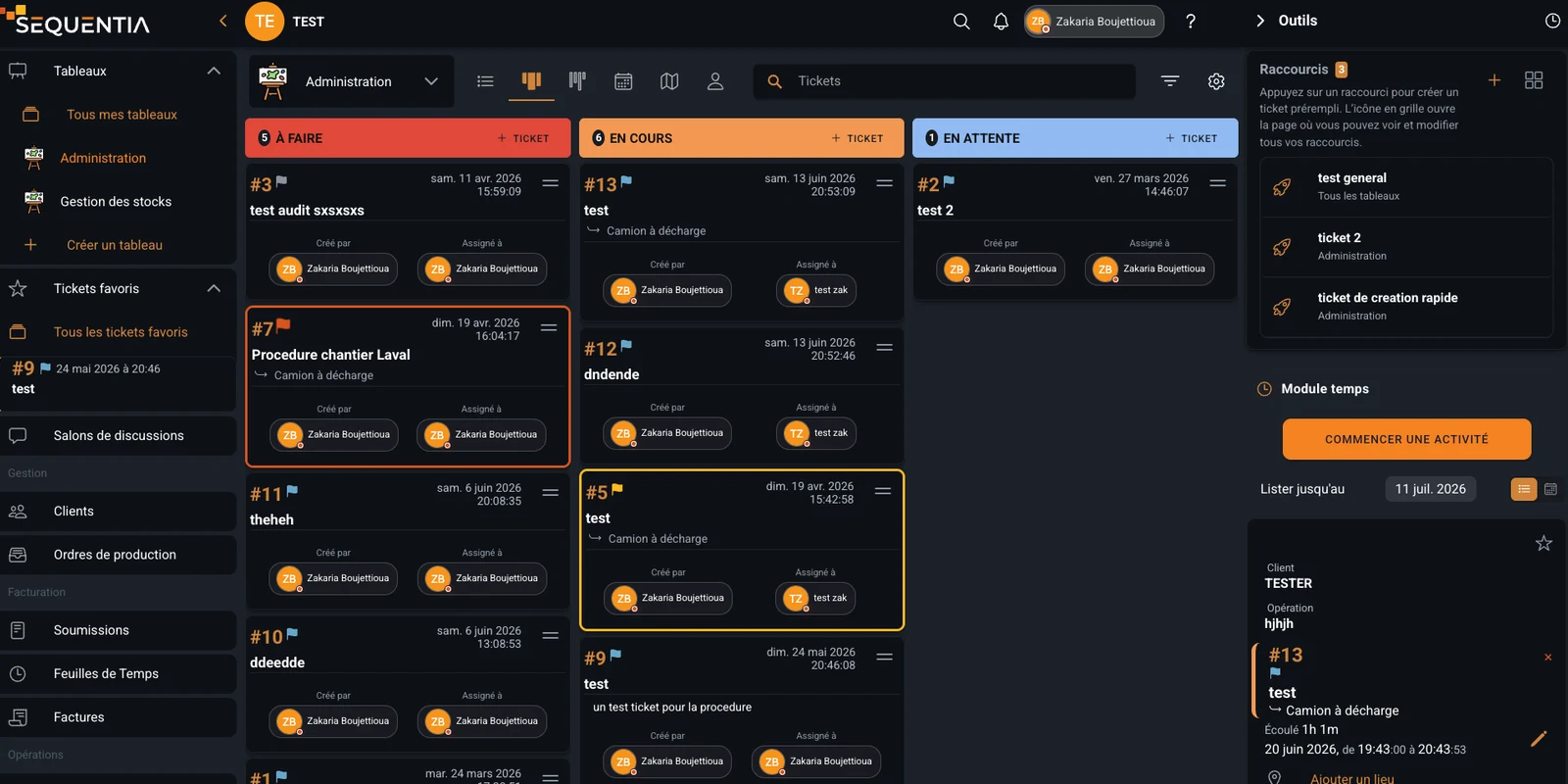 Capture du tableau Kanban de tickets Sequentia avec colonnes de statut, cartes, assignations, module temps et raccourcis.