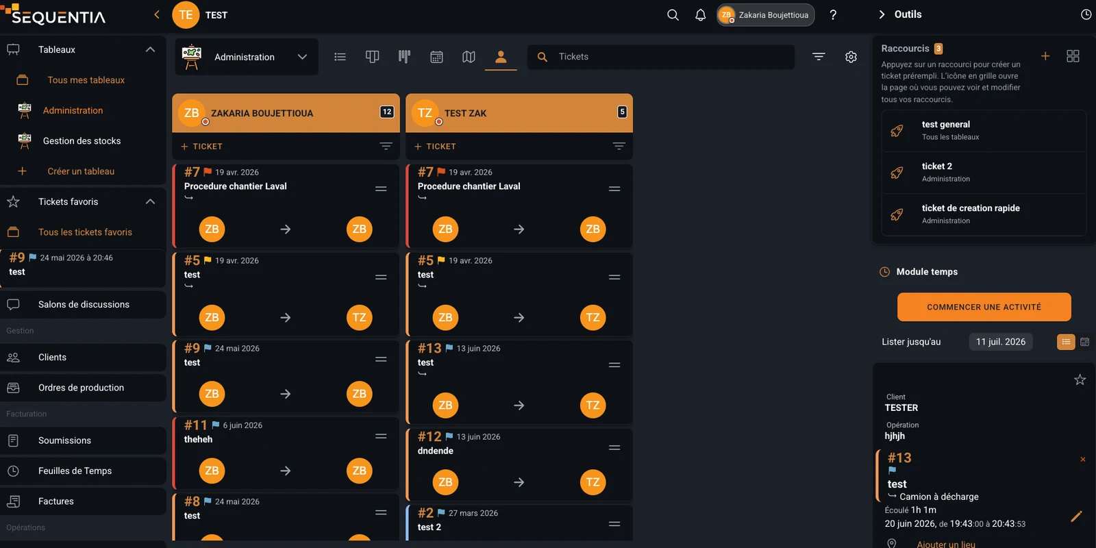 Capture de la vue des tickets par utilisateur avec la section Tickets favoris dans la navigation et les raccourcis de création.
