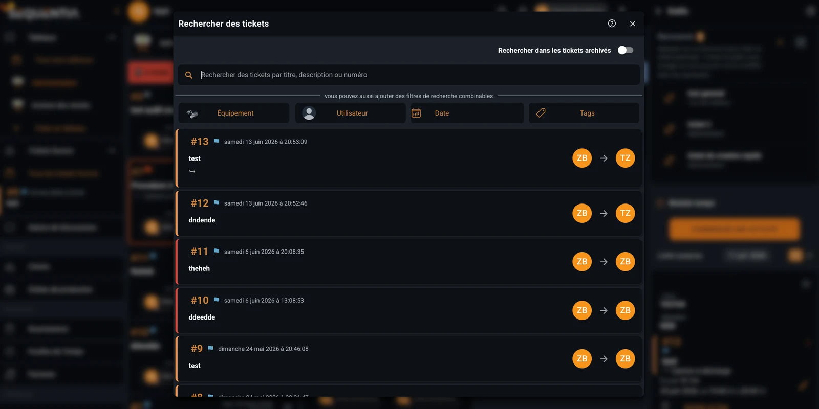 Capture de la recherche de tickets Sequentia avec texte, archives et filtres par équipement, utilisateur, date et tags.