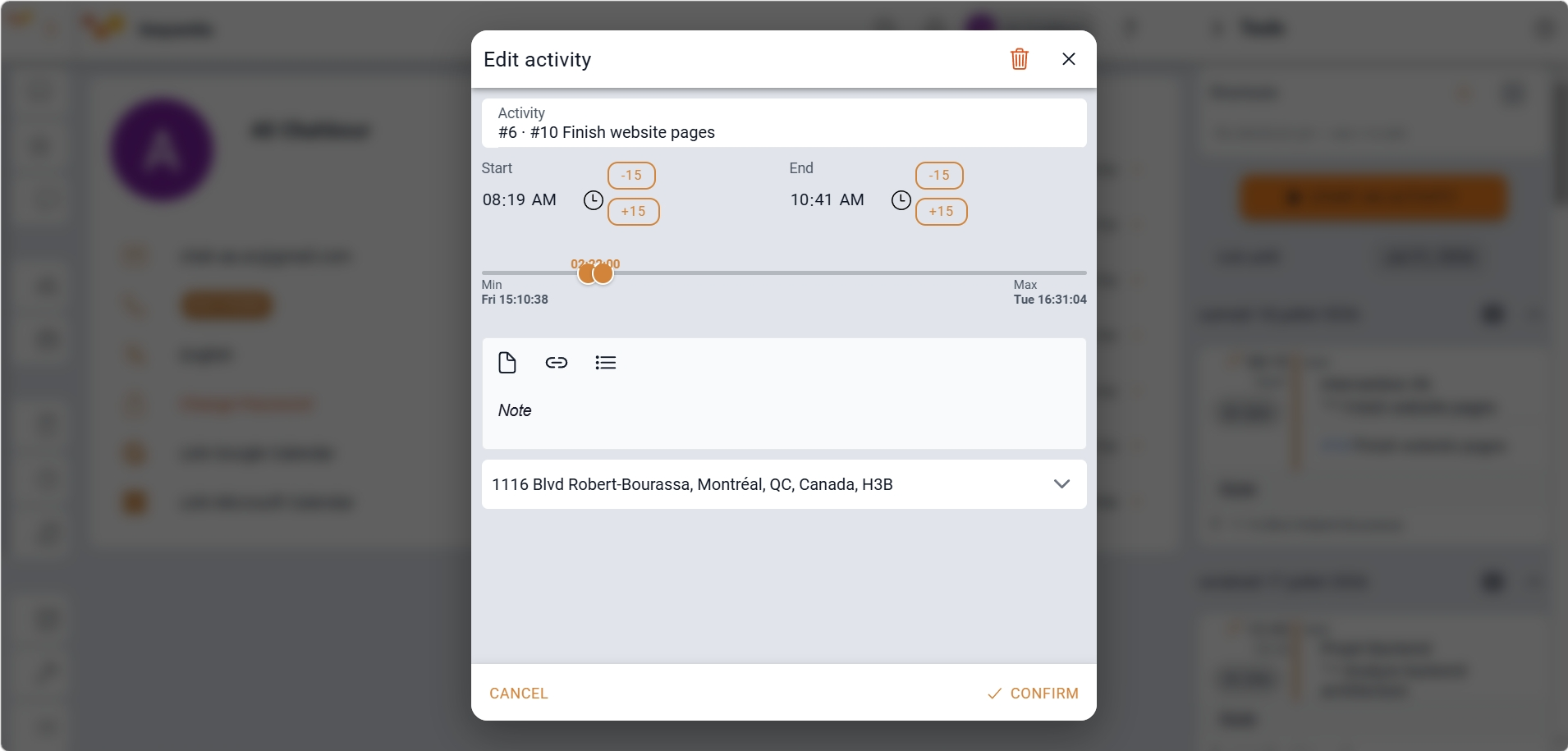 Screenshot of editing an activity's logged hours in Sequentia, with adjustments to durations and recorded periods.